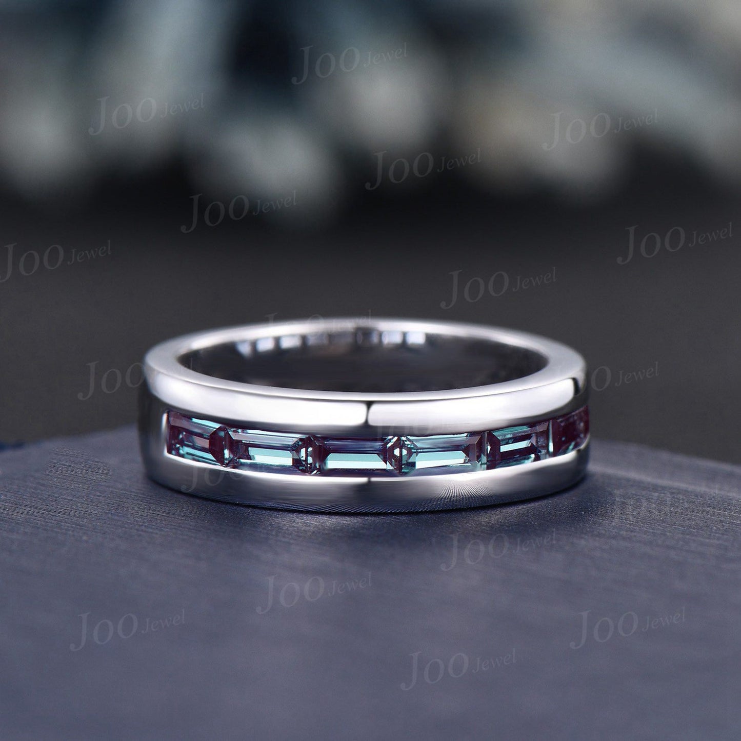 Mens Alexandrite Polish Finish Wedding Band Baguette Cut Alexandrite Band 6mm Solid Gold Vintage Half Eternity Band Men Solitaire Retro Ring