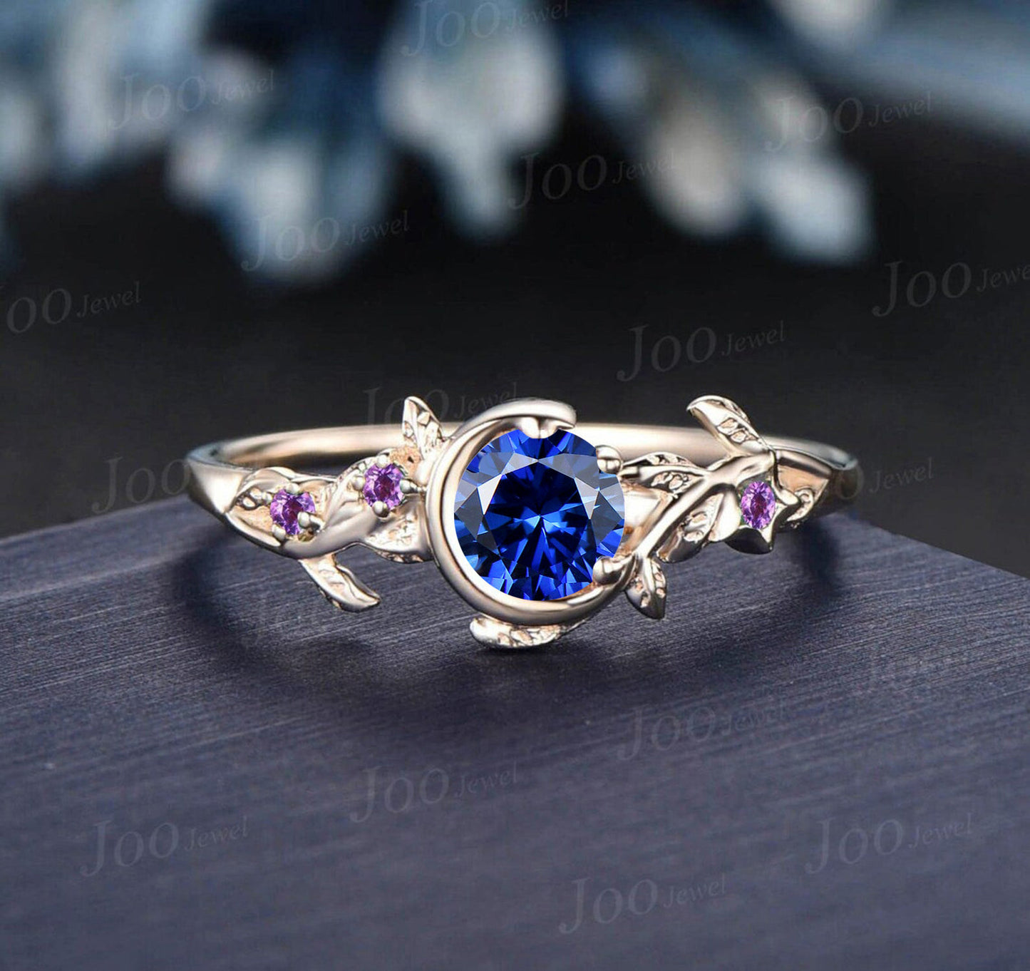 Moon Star Blue Sapphire Amethyst Wedding Ring Vintage 5mm Round Sapphire Nature Inspired Engagement Ring September Birthstone Birthday Gift