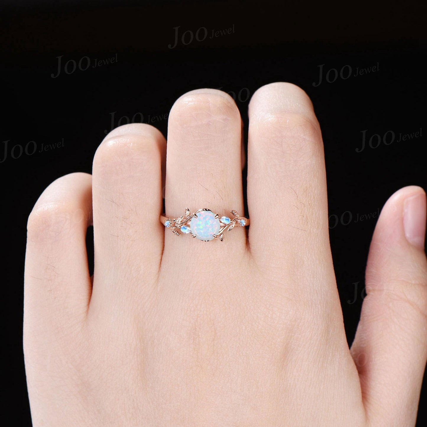 Twig Branch White Opal Ring 10K Rose Gold 1ct Round Fire Opal Moonstone Nature Engagement Ring Unique October Birthstone Birthstone Gifts