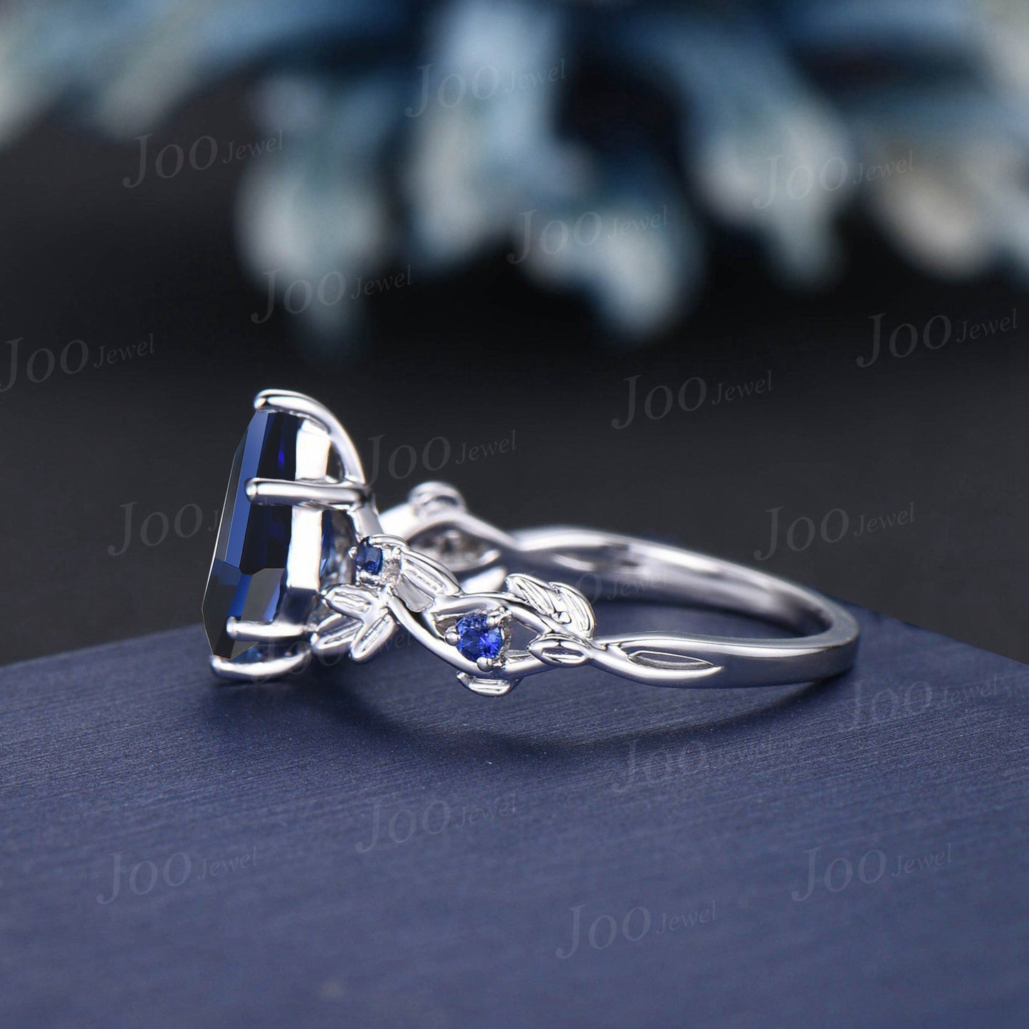 Nature Inspired Blue Sapphire Ring 1ct Kite Cut Blue Sapphire Engagement Ring Leaf Vine Blue Wedding Ring Unique September Birthstone Gifts