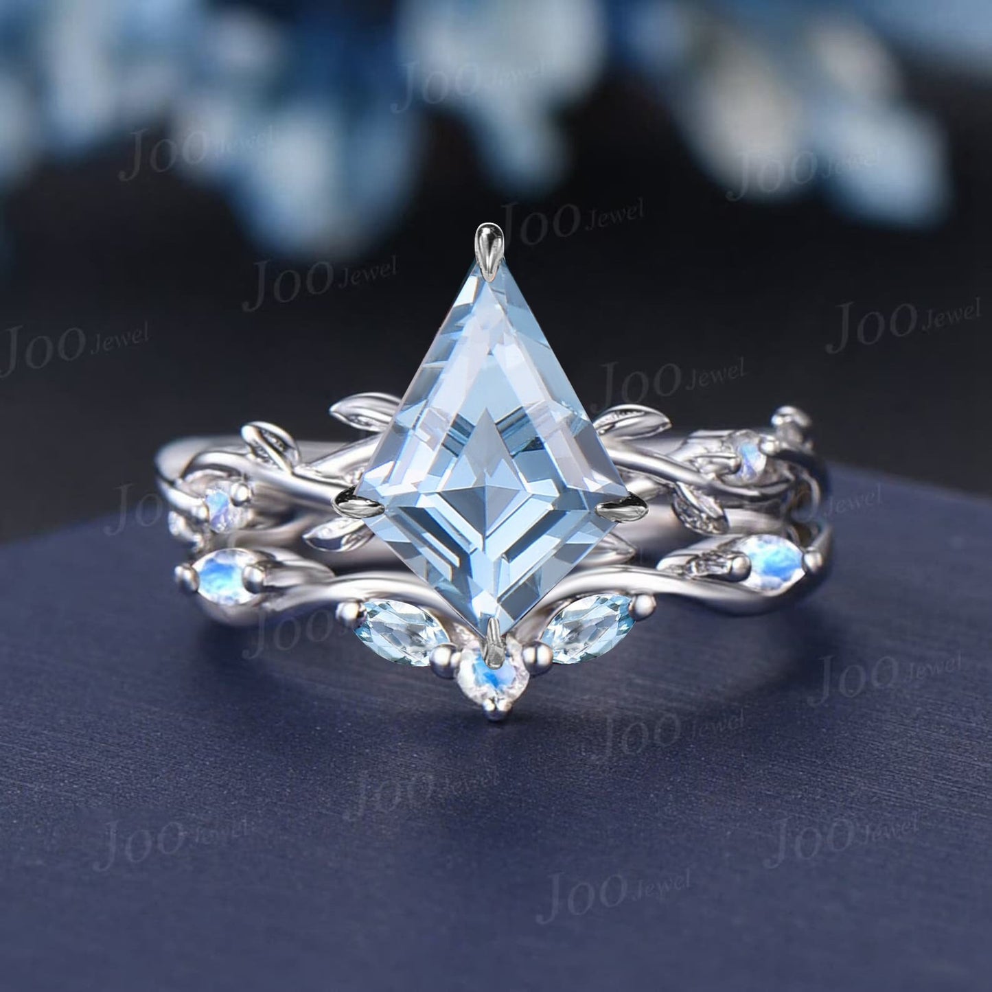 7*10mm Kite Cut Aquamarine Ring Set Sterling Silver Nature Inspired Natural Ocean Aquamarine Moonstone Bridal Set Twig Vine Promise Ring Set