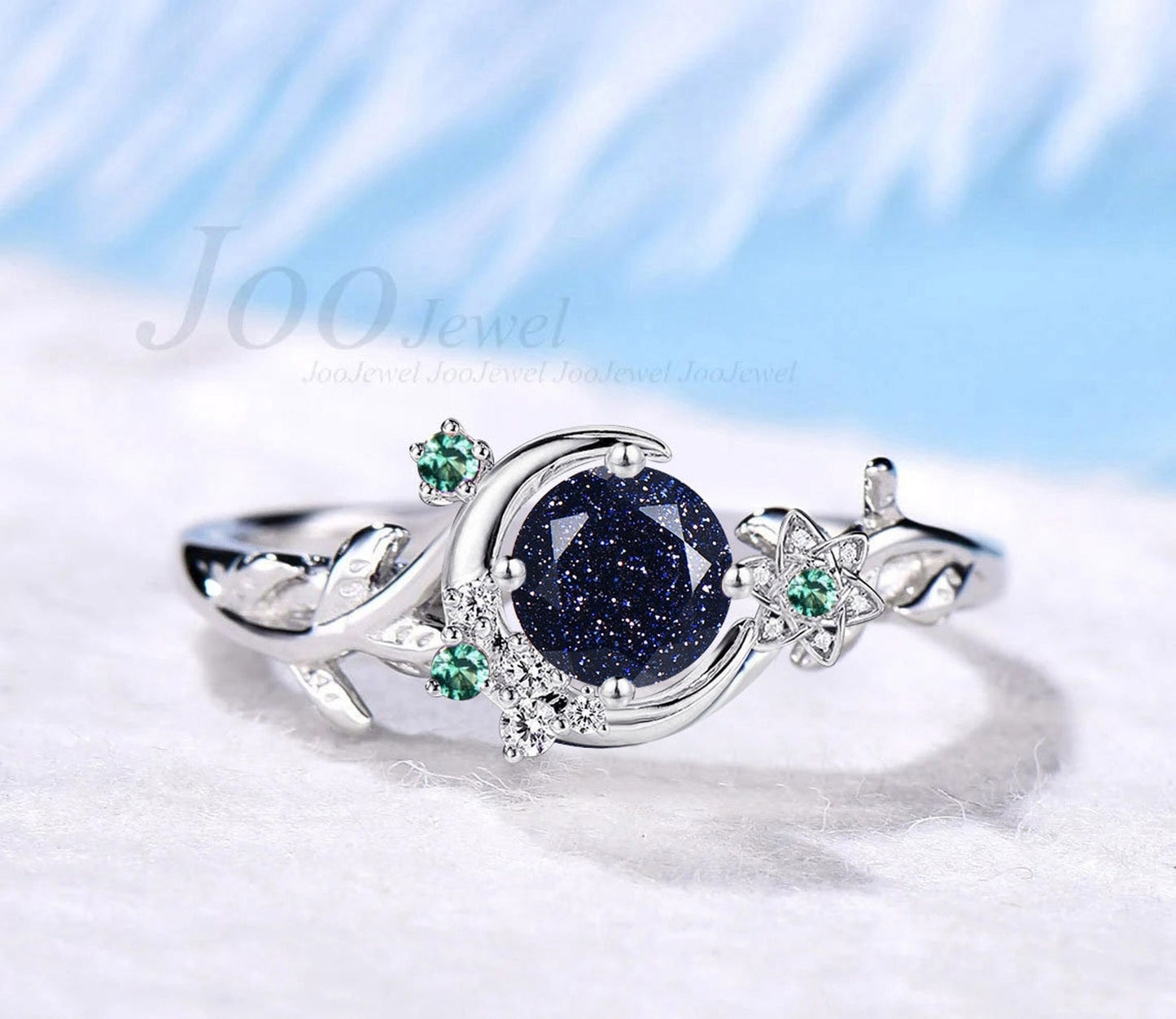 Nature Inspired Round Galaxy Blue Sandstone Amethyst Wedding Ring Unique Moon Leaf Vine Blue Goldstone Engagement Ring Art Deco Promise Ring