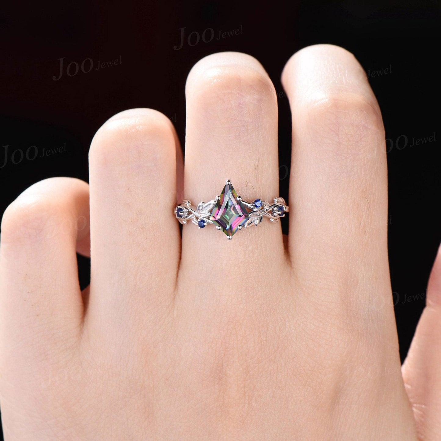 Mystic Topaz Sapphire Bridal Set 14K White Gold Kite Cut Rainbow Mystic Topaz Engagement Ring Leaf Branch Crossover Wedding Ring for Women