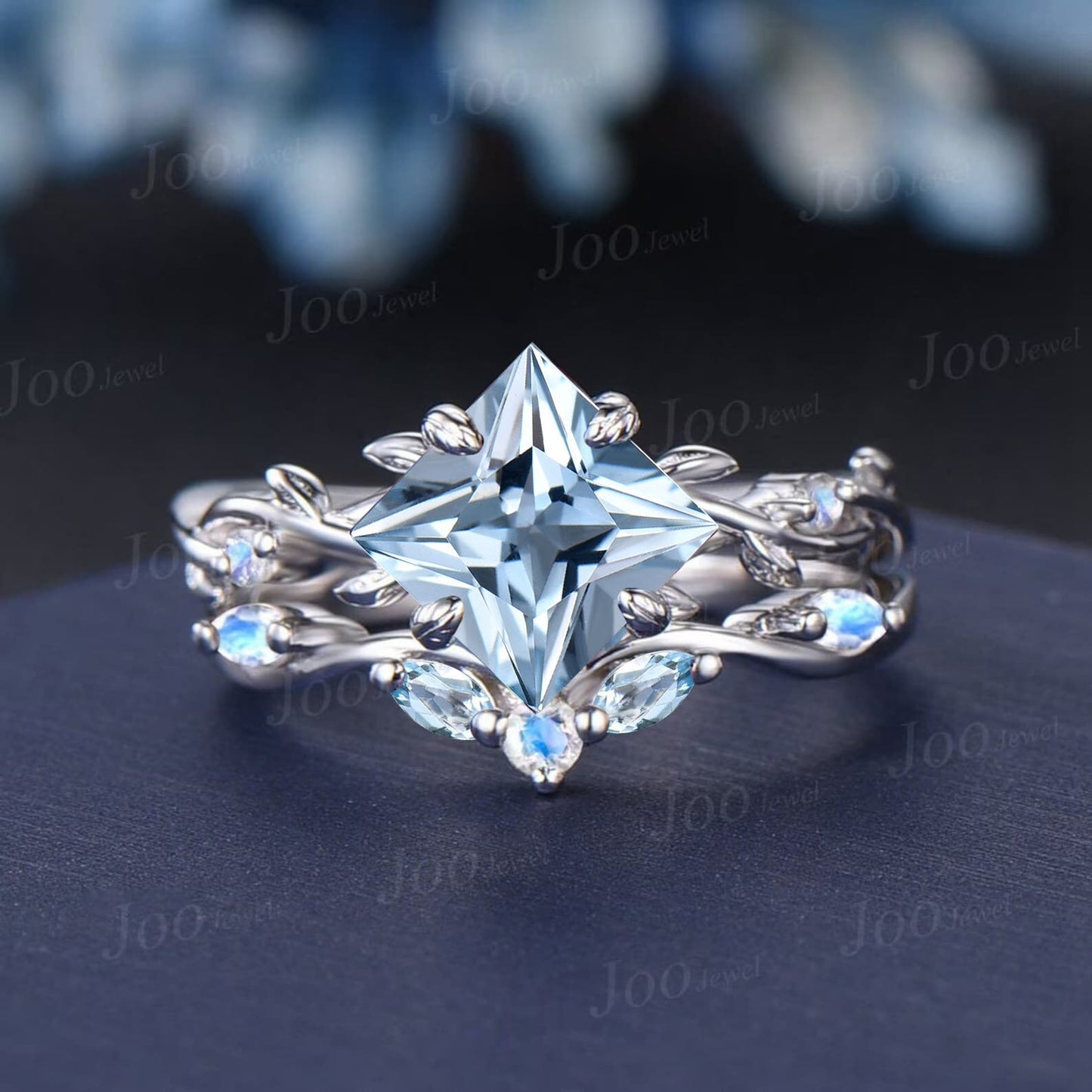 7*10mm Kite Cut Aquamarine Ring Set Sterling Silver Nature Inspired Natural Ocean Aquamarine Moonstone Bridal Set Twig Vine Promise Ring Set