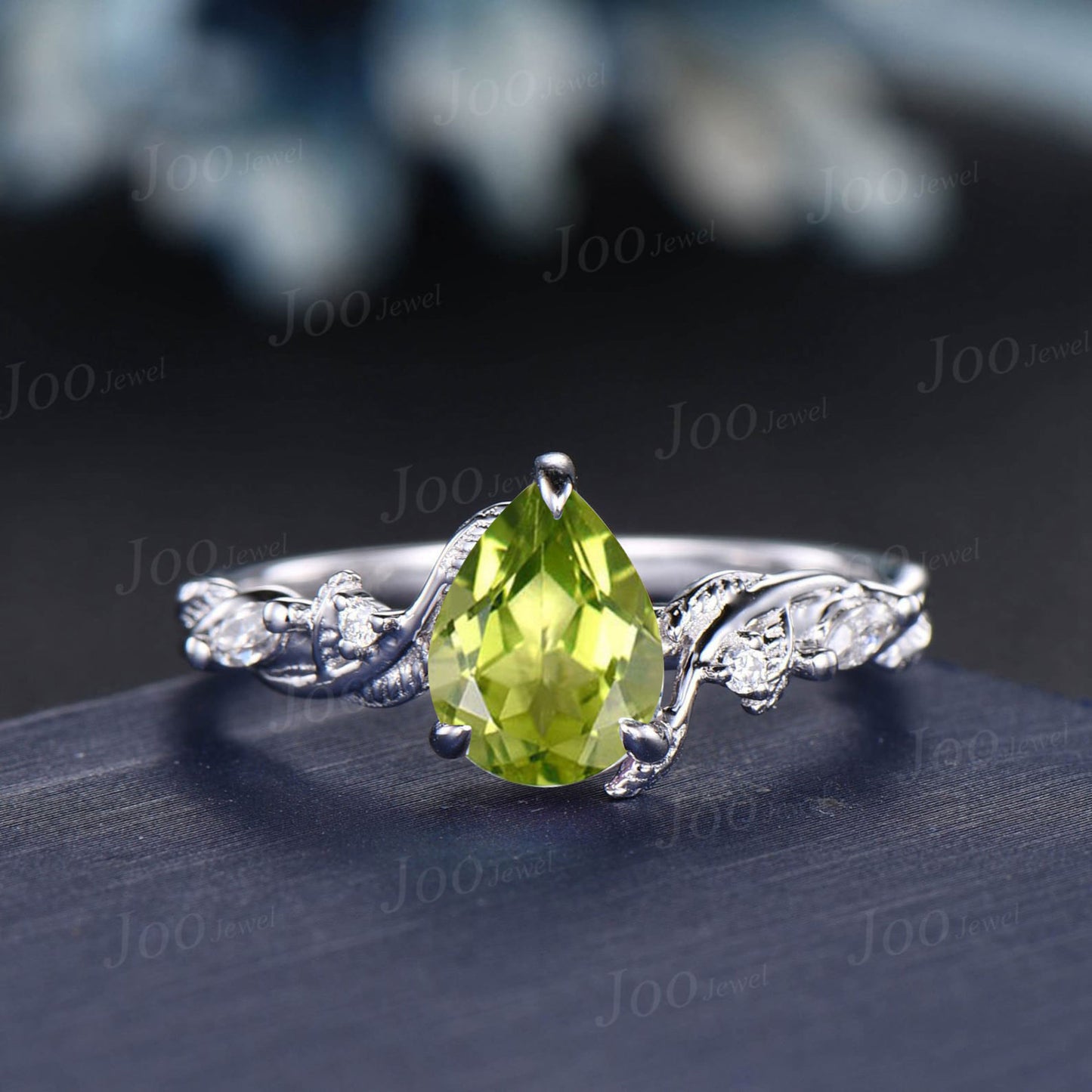 14K White Gold Natural Pear Cut Peridot Diamond Engagement Ring Set Vintage Twig Vine 1.25ct Peridot Ring Aug Birthstone Anniversary Gifts
