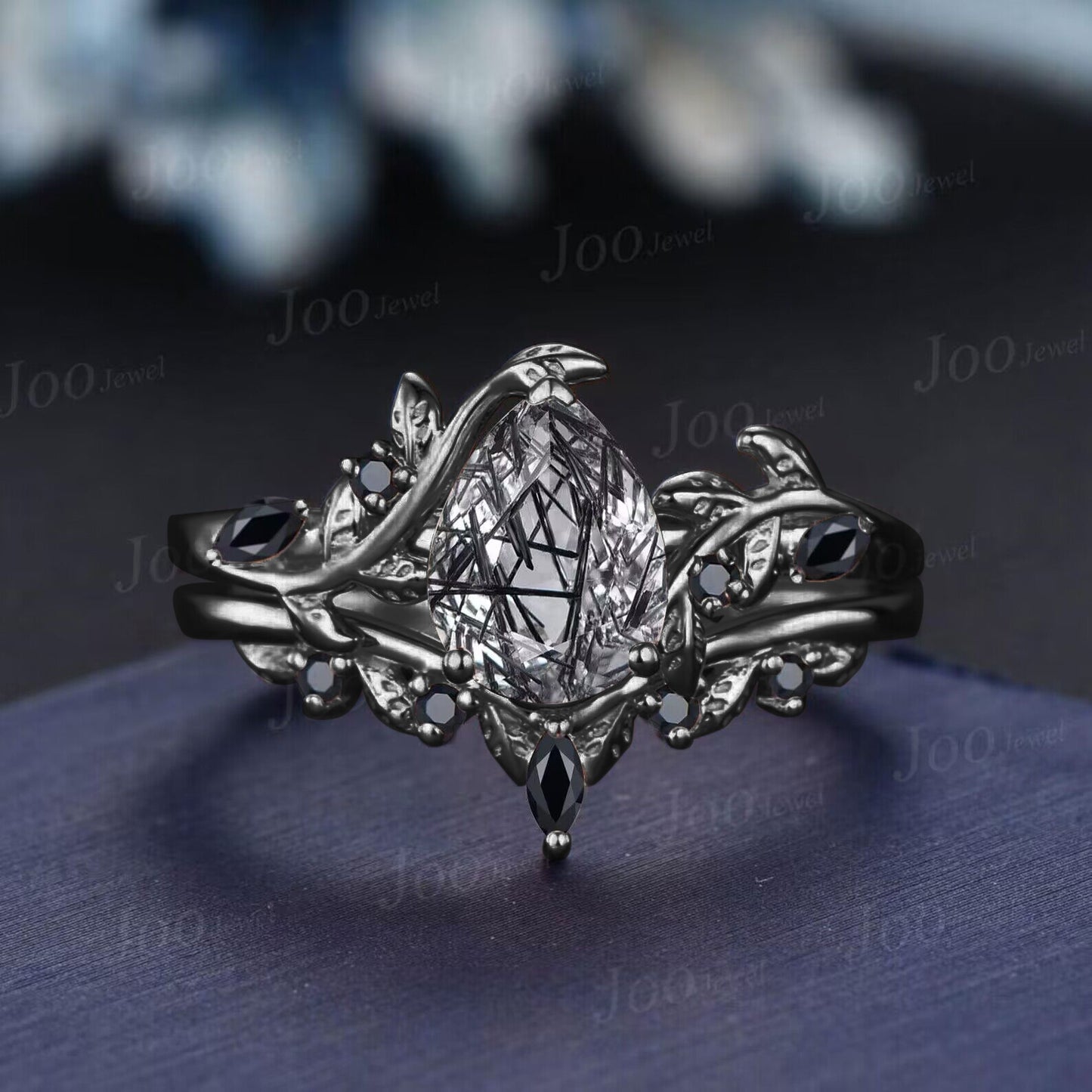 Antique Natural Black Rutilated Quartz Pear Engagement Ring Leaf Nature Inspired Black Spinel Diamond Ring Women Art Deco Black Promise Ring