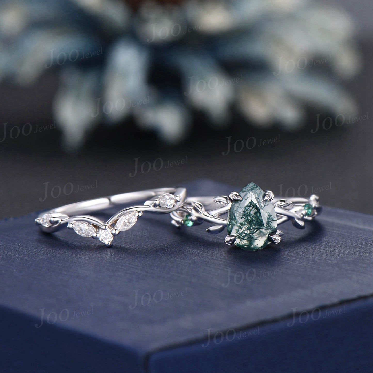 Twig Twist Moss Agate Ring 1.25ct Pear Cut Moss Agate Engagement Ring Set Moissanite Emerald Branch Nature Inspired Aquatic Agate Bridal Set