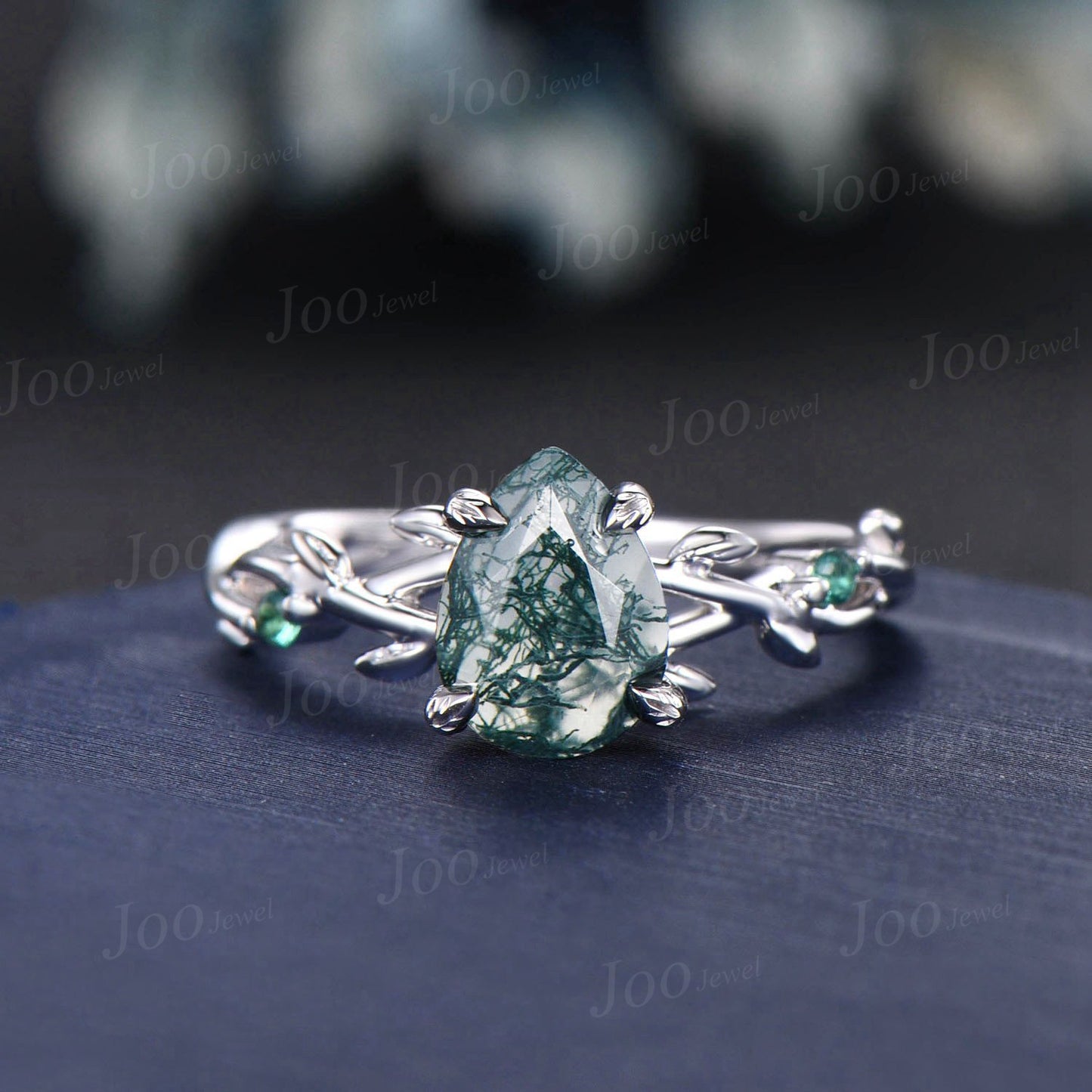 Twig Twist Moss Agate Ring 1.25ct Pear Cut Moss Agate Engagement Ring Set Moissanite Emerald Branch Nature Inspired Aquatic Agate Bridal Set