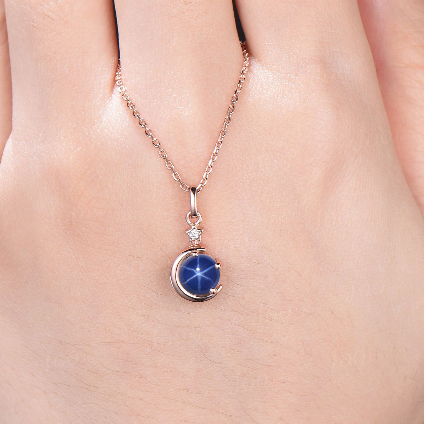 Round Star Blue Sapphire Necklace Rose Gold Crescent Moon Star Wedding Necklace Star Blue Bridal Solitaire Pendant Necklace Unique Promise Gifts