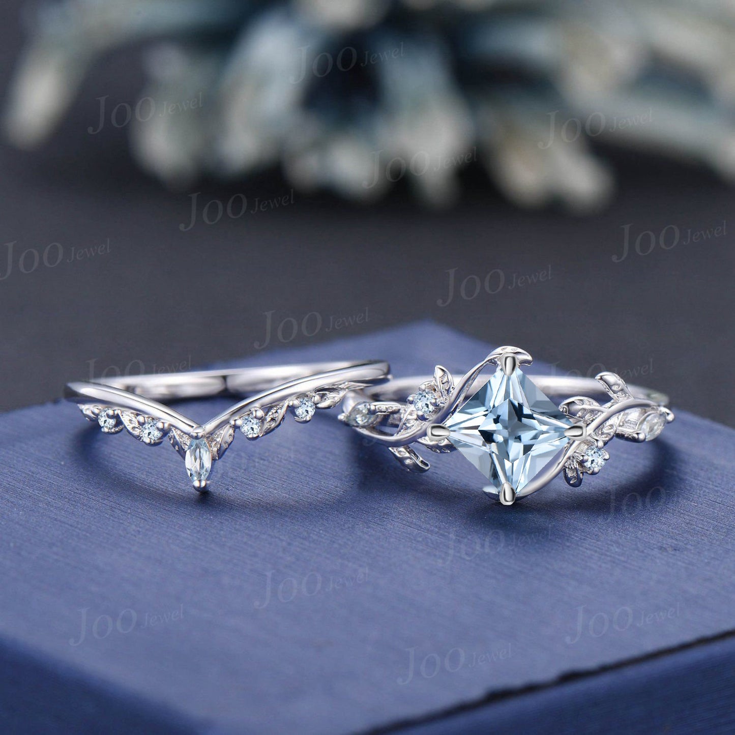 2CT Princess Cut Rose Gold Engagement Ring Natural Aquamarine Bridal Ring Cluster Leaf Branch Wedding Ring March Birthstone Gifts for Women