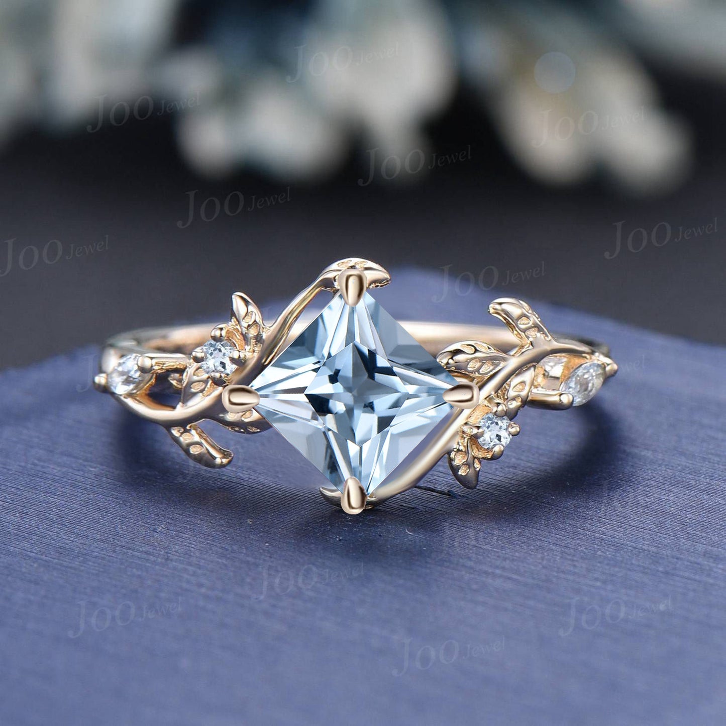 2CT Princess Cut Rose Gold Engagement Ring Natural Aquamarine Bridal Ring Cluster Leaf Branch Wedding Ring March Birthstone Gifts for Women