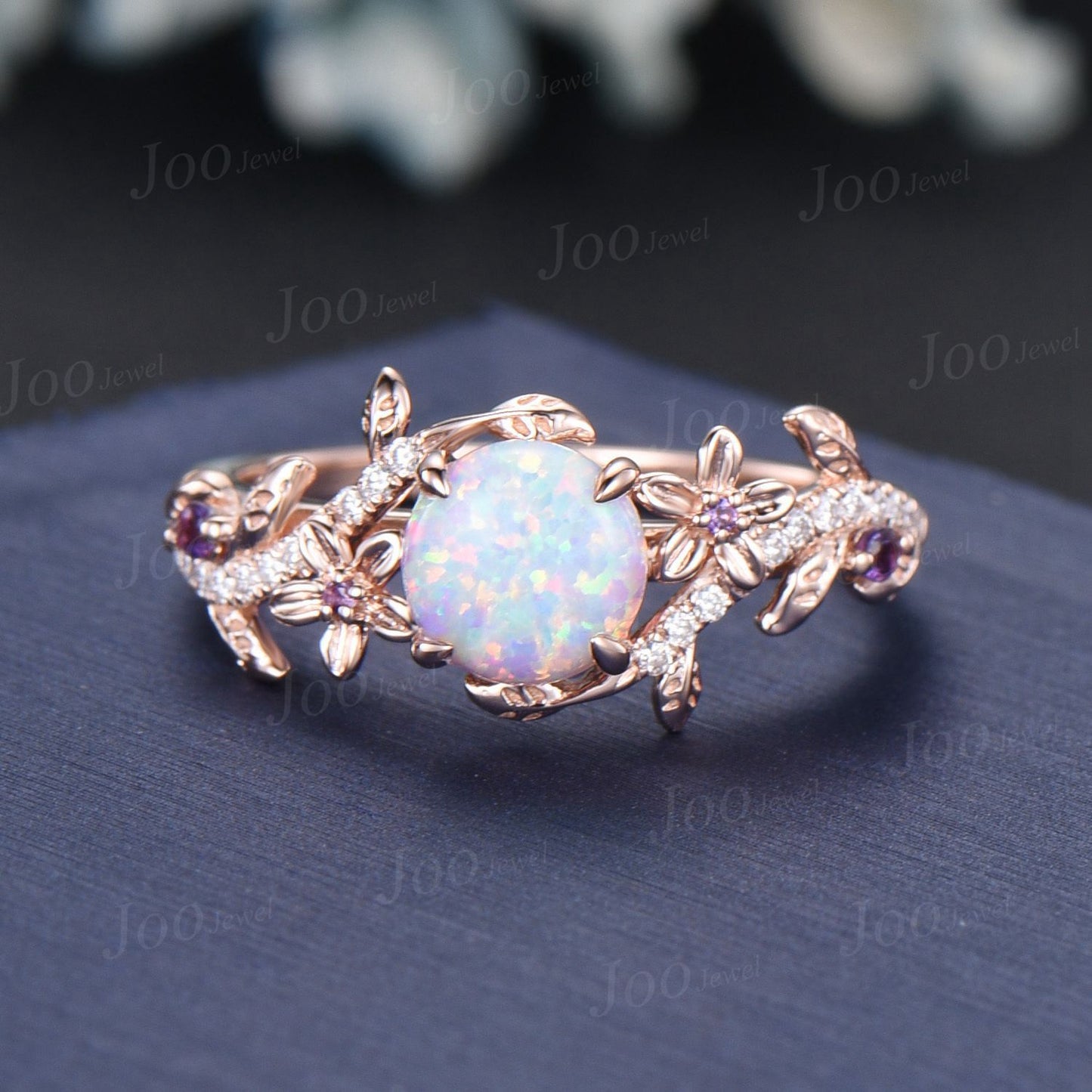 Vintage Round Fire Opal Amethyst Bypass Wedding Ring 14K Rose Gold Tree Inspired Leaf Opal Bridal Set October Birthstone Ring Proposal Gifts