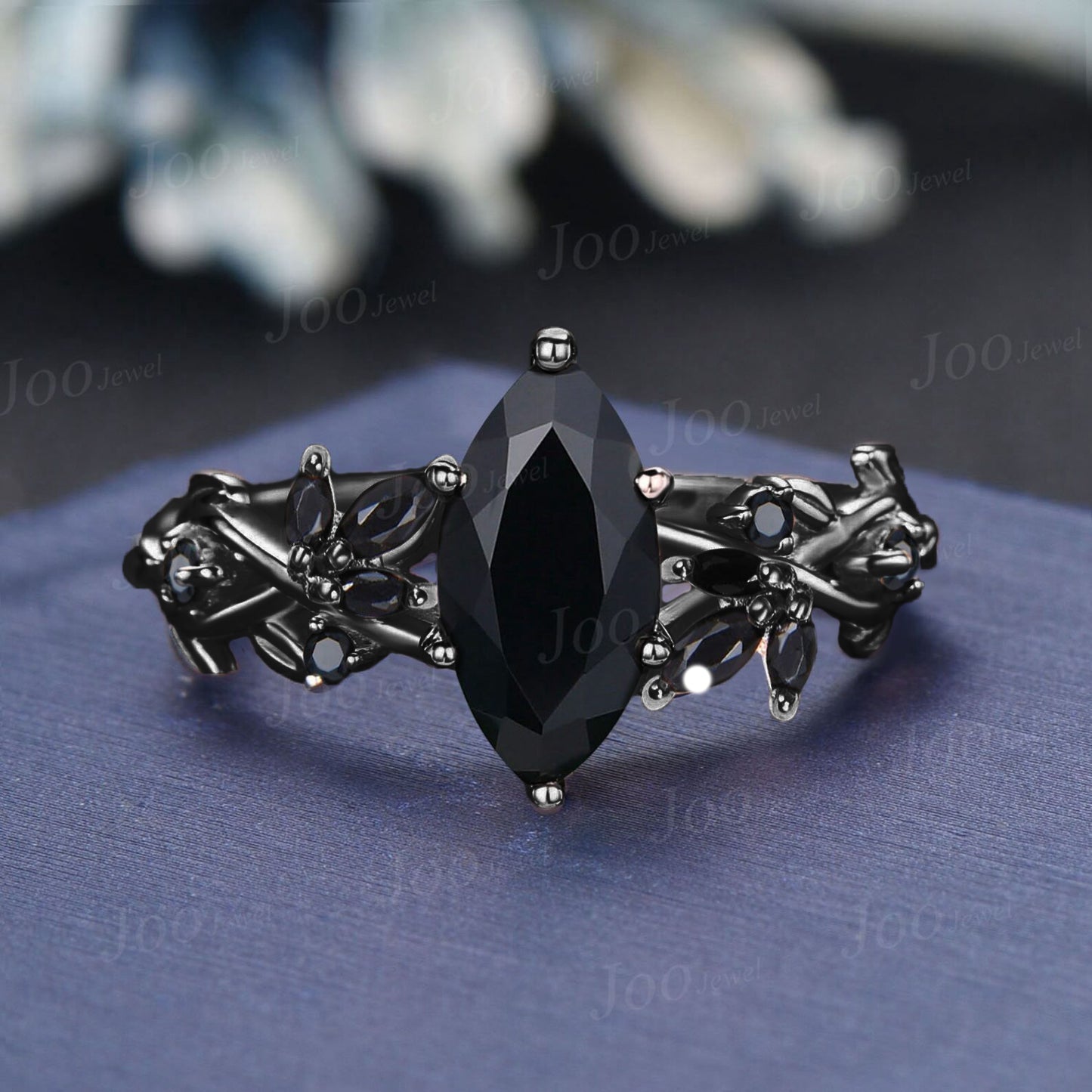 Marquise Cut Natural Black Onyx Ring Women Black Gemstone Heal Ring Rose Gold Black Stone Engagement Ring Unique Leaf Cluster Wedding Ring