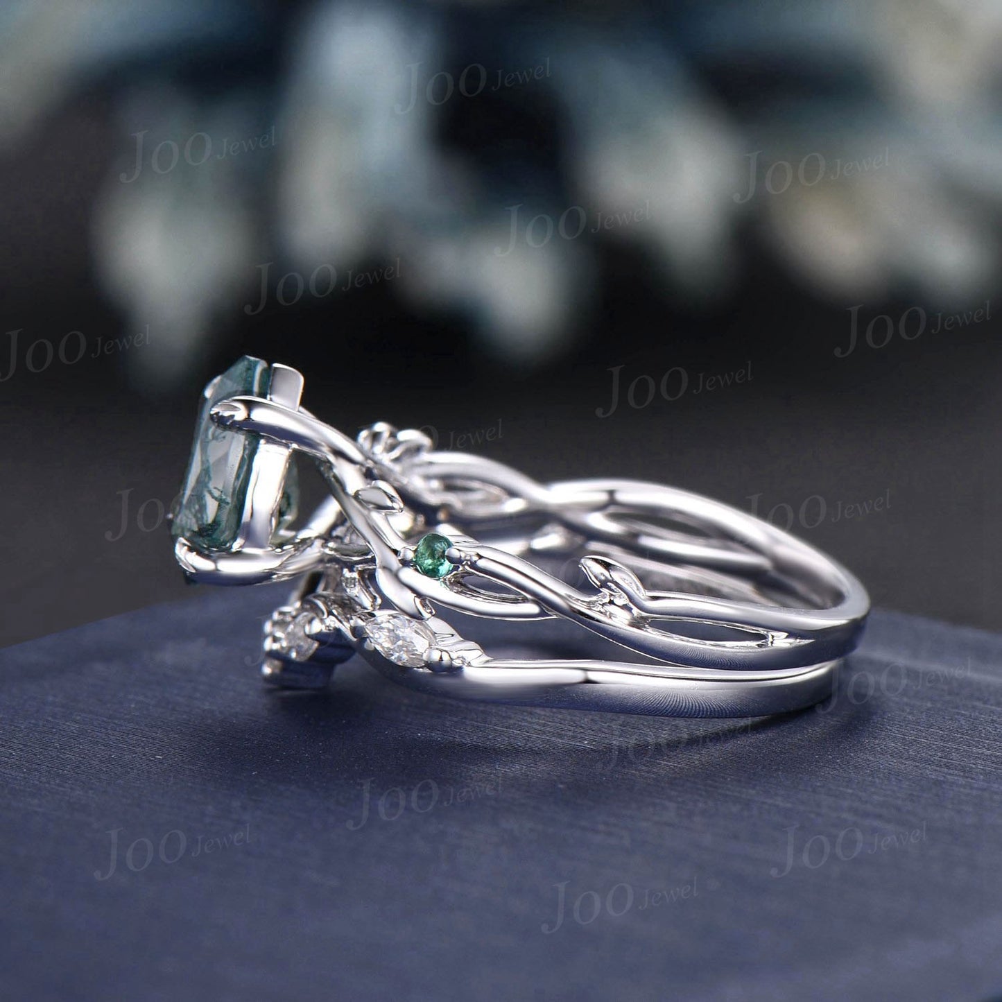 Twig Twist Moss Agate Ring 1.25ct Pear Cut Moss Agate Engagement Ring Set Moissanite Emerald Branch Nature Inspired Aquatic Agate Bridal Set