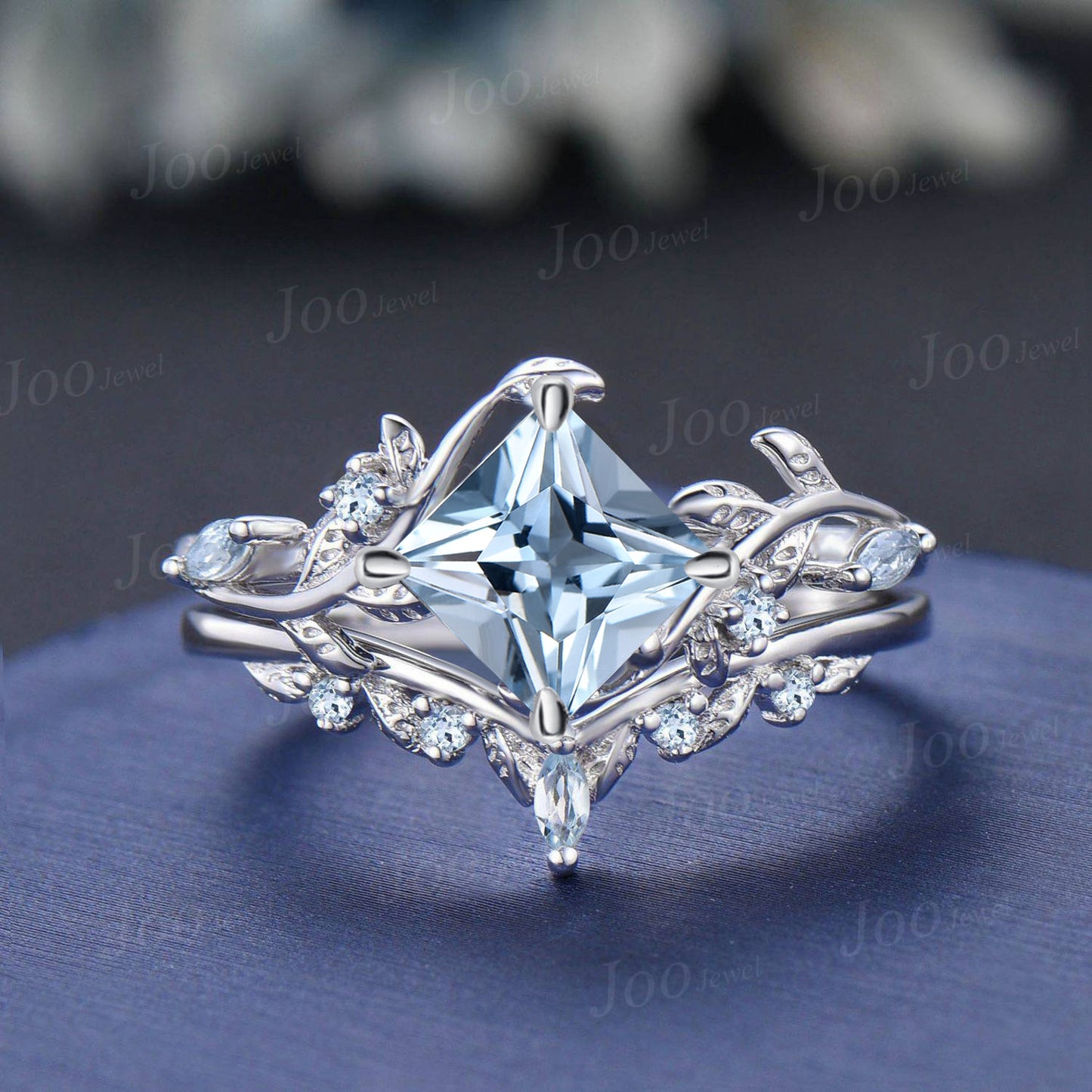 2CT Princess Cut Rose Gold Engagement Ring Natural Aquamarine Bridal Ring Cluster Leaf Branch Wedding Ring March Birthstone Gifts for Women