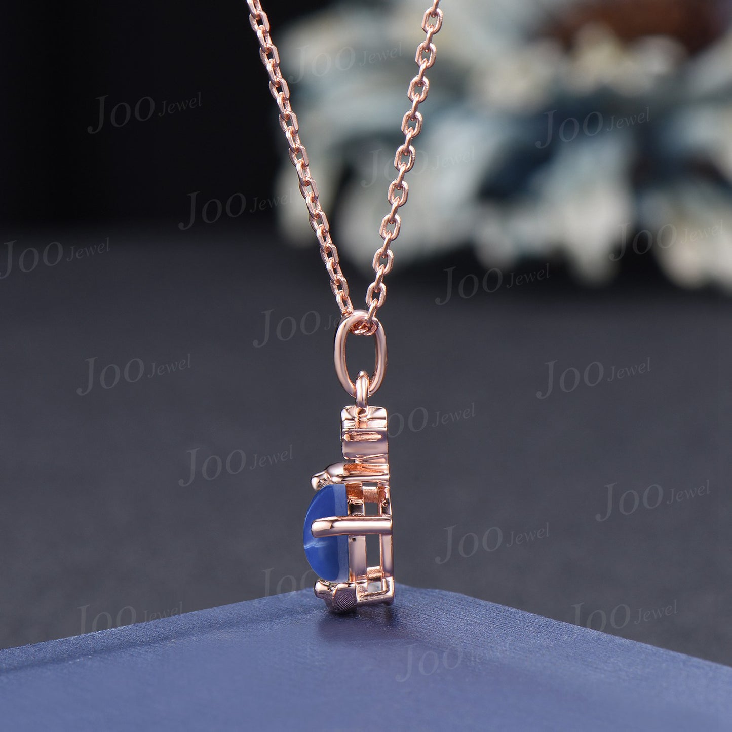 Round Star Blue Sapphire Necklace Rose Gold Crescent Moon Star Wedding Necklace Star Blue Bridal Solitaire Pendant Necklace Unique Promise Gifts