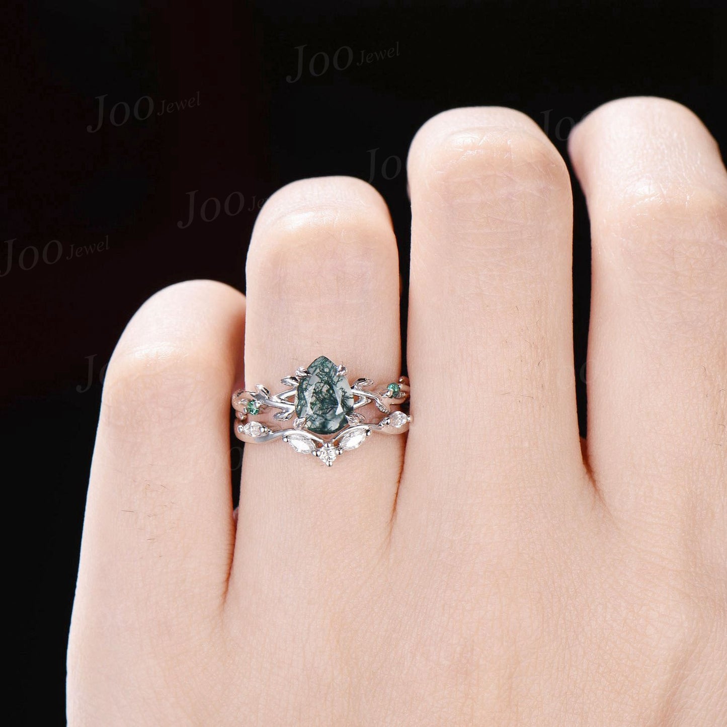 Twig Twist Moss Agate Ring 1.25ct Pear Cut Moss Agate Engagement Ring Set Moissanite Emerald Branch Nature Inspired Aquatic Agate Bridal Set