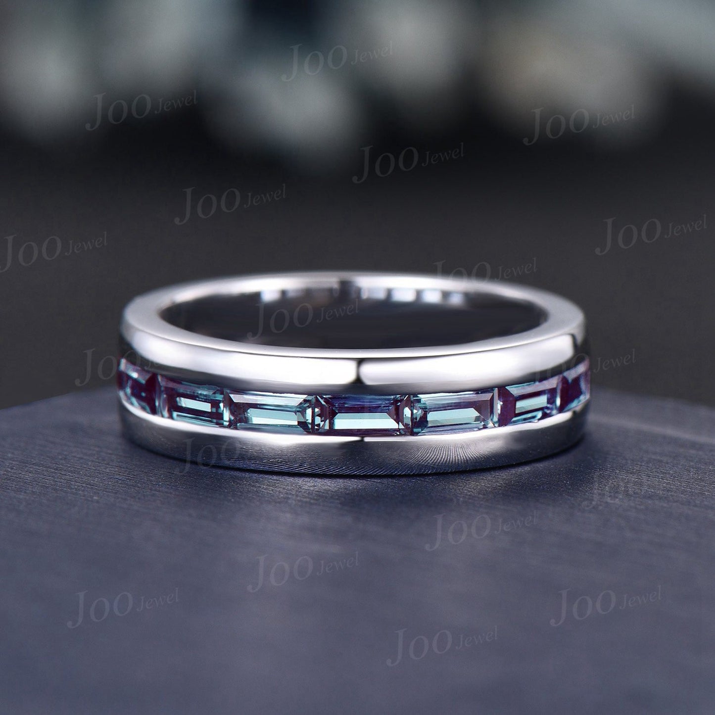 Mens Alexandrite Polish Finish Wedding Band Baguette Cut Alexandrite Band 6mm Solid Gold Vintage Half Eternity Band Men Solitaire Retro Ring