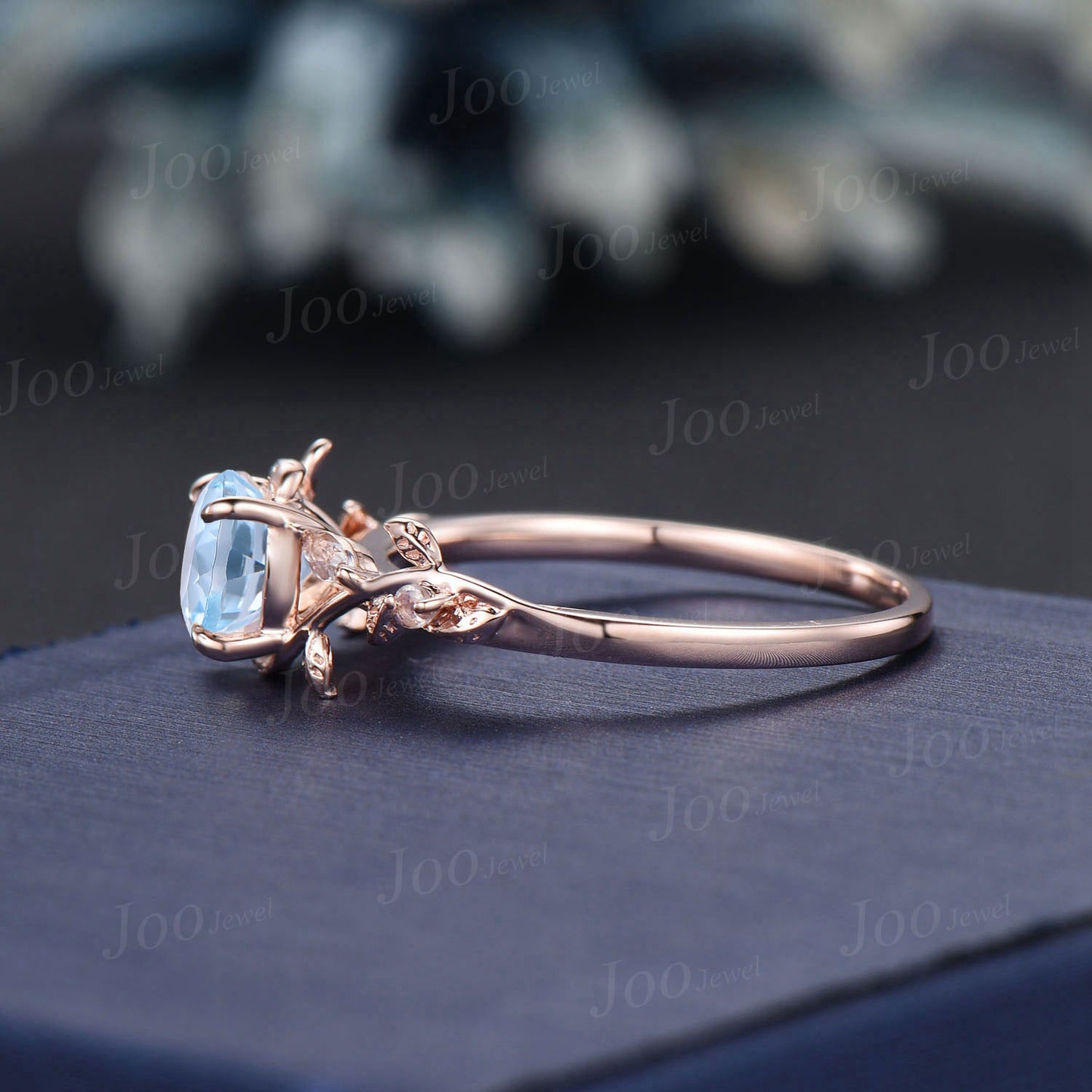 1ct Natural Light Blue Aquamarine Moonstone Ring Vintage Rose Gold Round Nature Inspired Aquamarine Engagement Ring March Birthstone Gifts