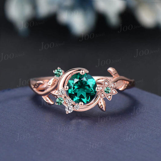 Rose Gold Crescent Moon Leaf Green Emerald Wedding Ring Round Cut Promise Ring Vintage Flower Branch Dainty Cluster Engagement Ring Women