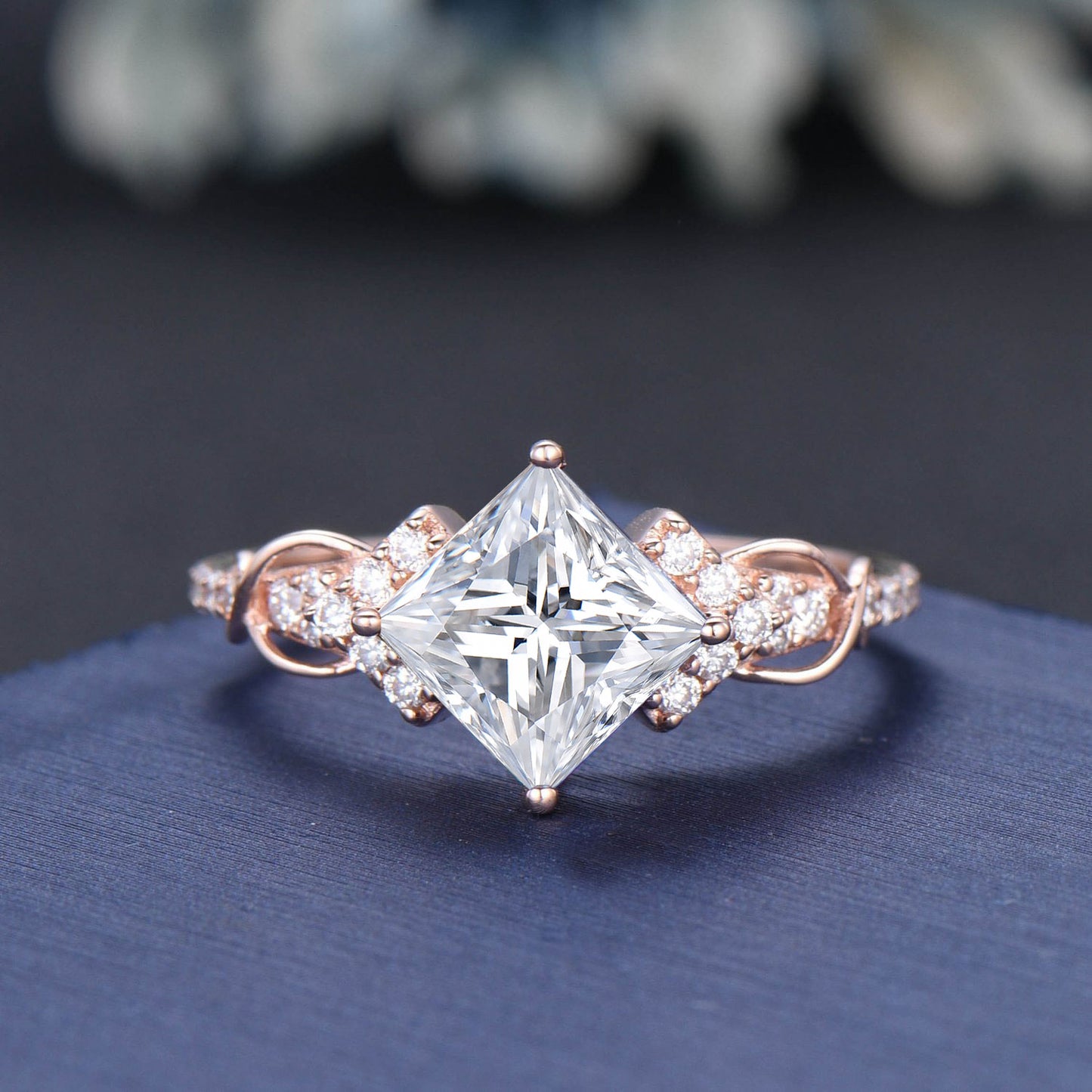 7mm Princess Cut Diamond Engagement Rings Set Luxury Gifts 14K Rose Gold Princess Lab Grown Diamond Cluster Bridal Set with IGI Certificate
