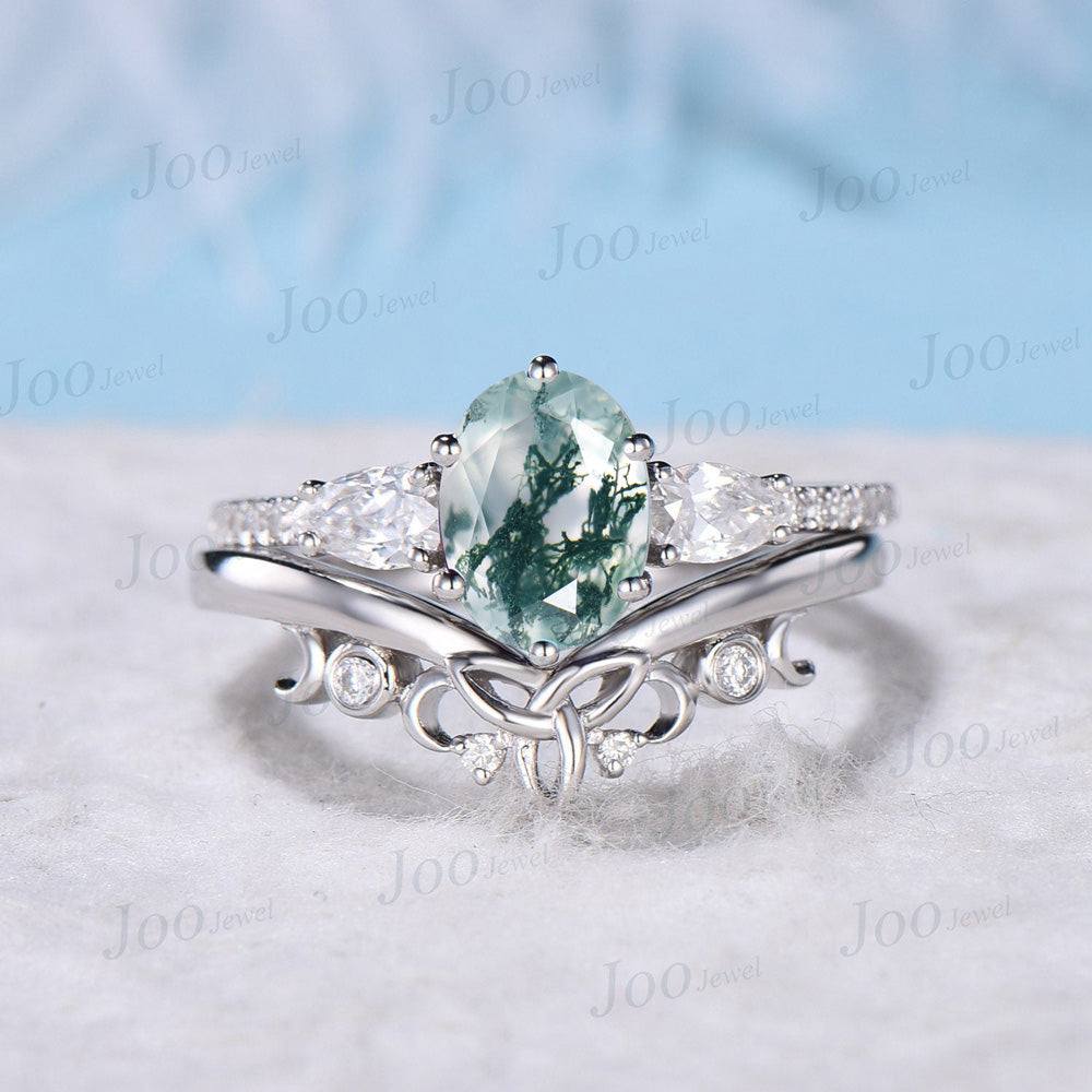 Unique Moss Agate Engagement Ring Set Oval Cut Moss Agate Wedding Ring Set Six Prong Celtic Knot Ring Moissanite Wedding Ring Set 14K Gold