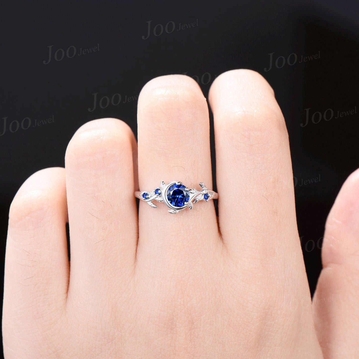 Nature Inspired Leaf Blue Sapphire Wedding Ring Moon Star Design Vintage Round Sapphire Engagement Ring September Birthstone Birthday Gifts
