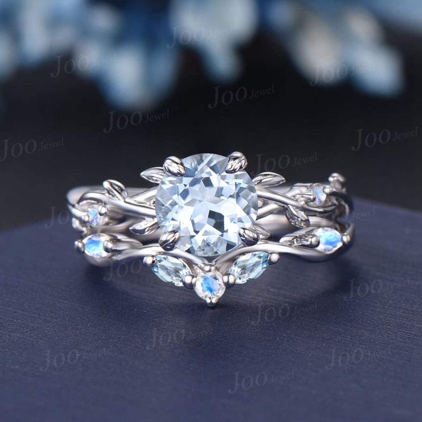 7*10mm Kite Cut Aquamarine Ring Set Sterling Silver Nature Inspired Natural Ocean Aquamarine Moonstone Bridal Set Twig Vine Promise Ring Set