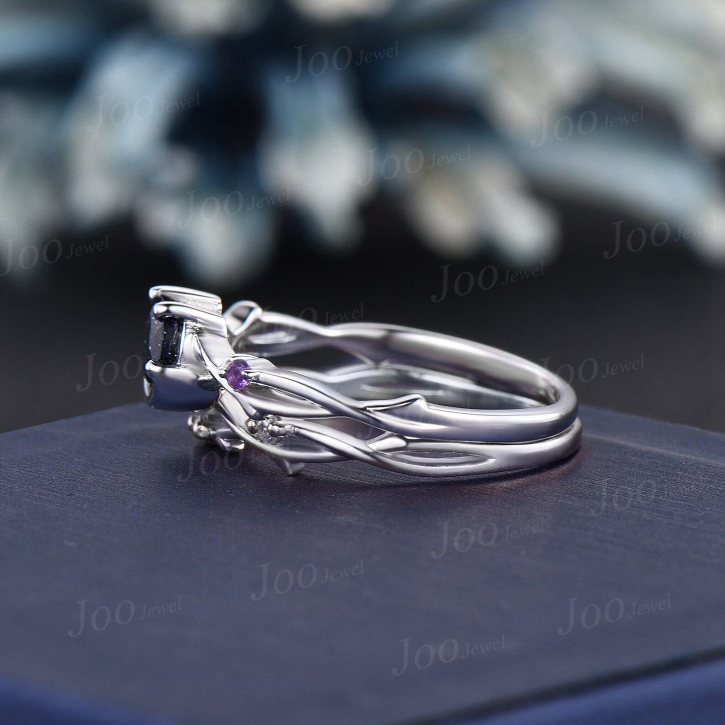 5mm Round Cut Twig Vine Starry Sky Galaxy Blue Sandstone Ring Set Sterling Silver Moon Star Amethyst Ring Celestial Moon Blue Goldstone Ring