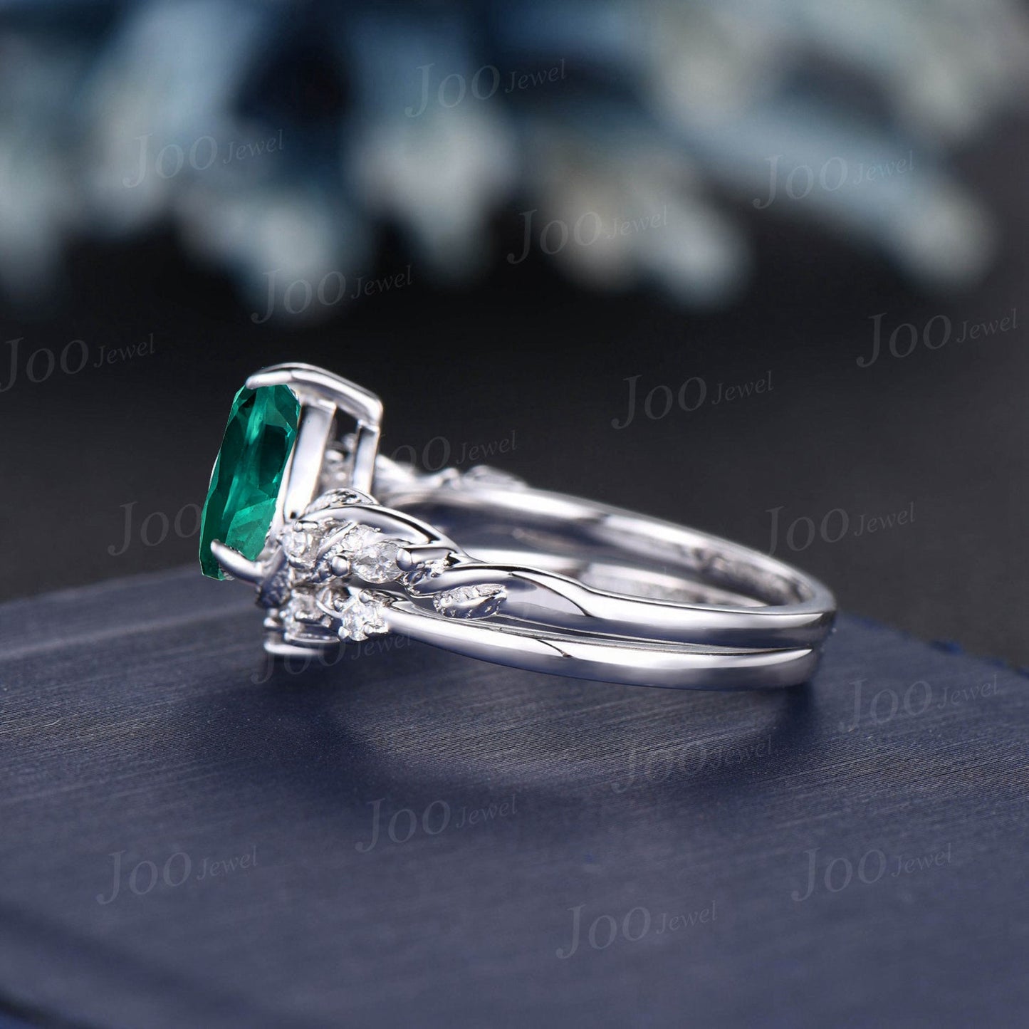 Twig Vine Green Emerald Floral Ring Set Rose Gold Triple Moon Moss Agate Emerald Trinity Knot Wedding Ring Set May Birthstone Jewelry Gifts