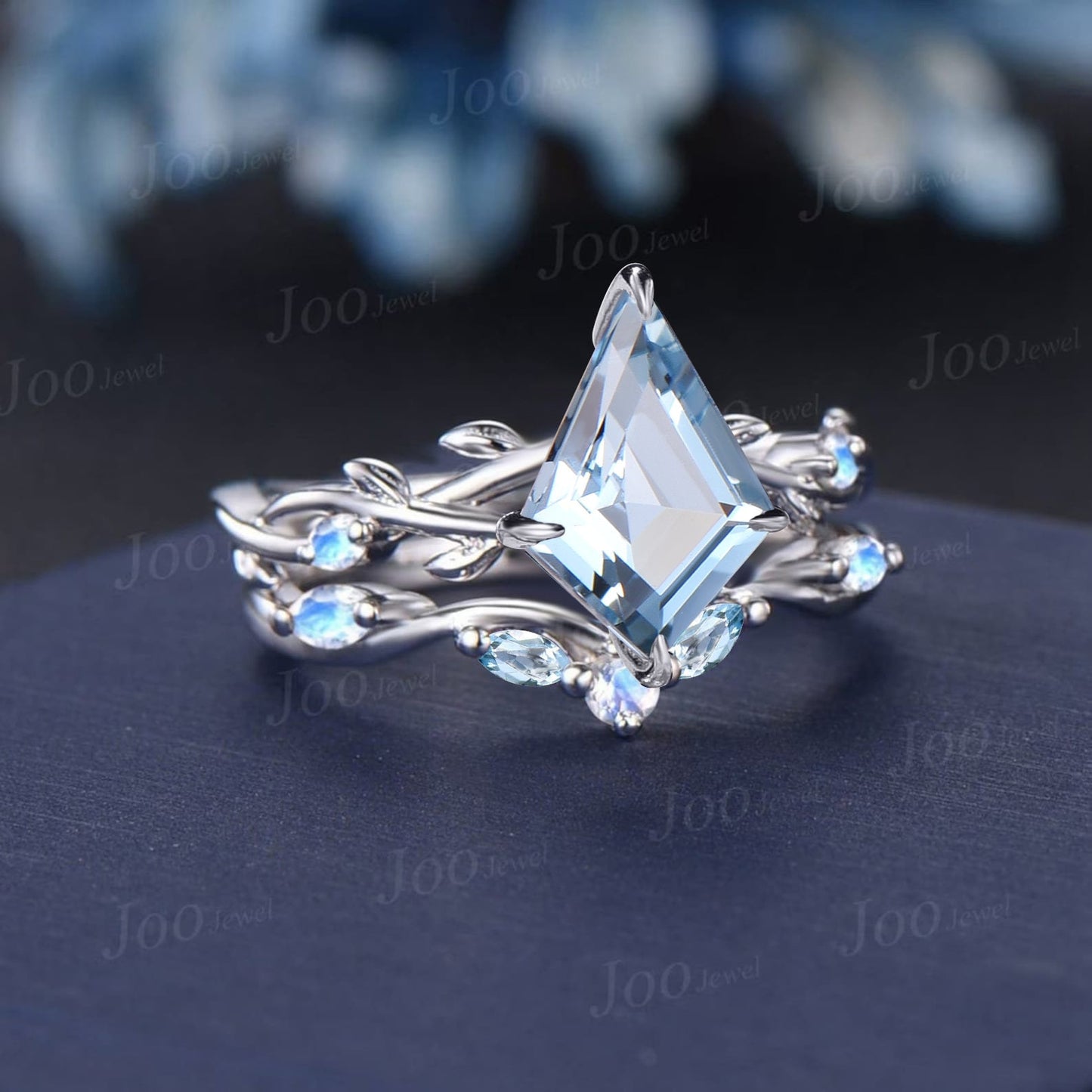7*10mm Kite Cut Aquamarine Ring Set Sterling Silver Nature Inspired Natural Ocean Aquamarine Moonstone Bridal Set Twig Vine Promise Ring Set