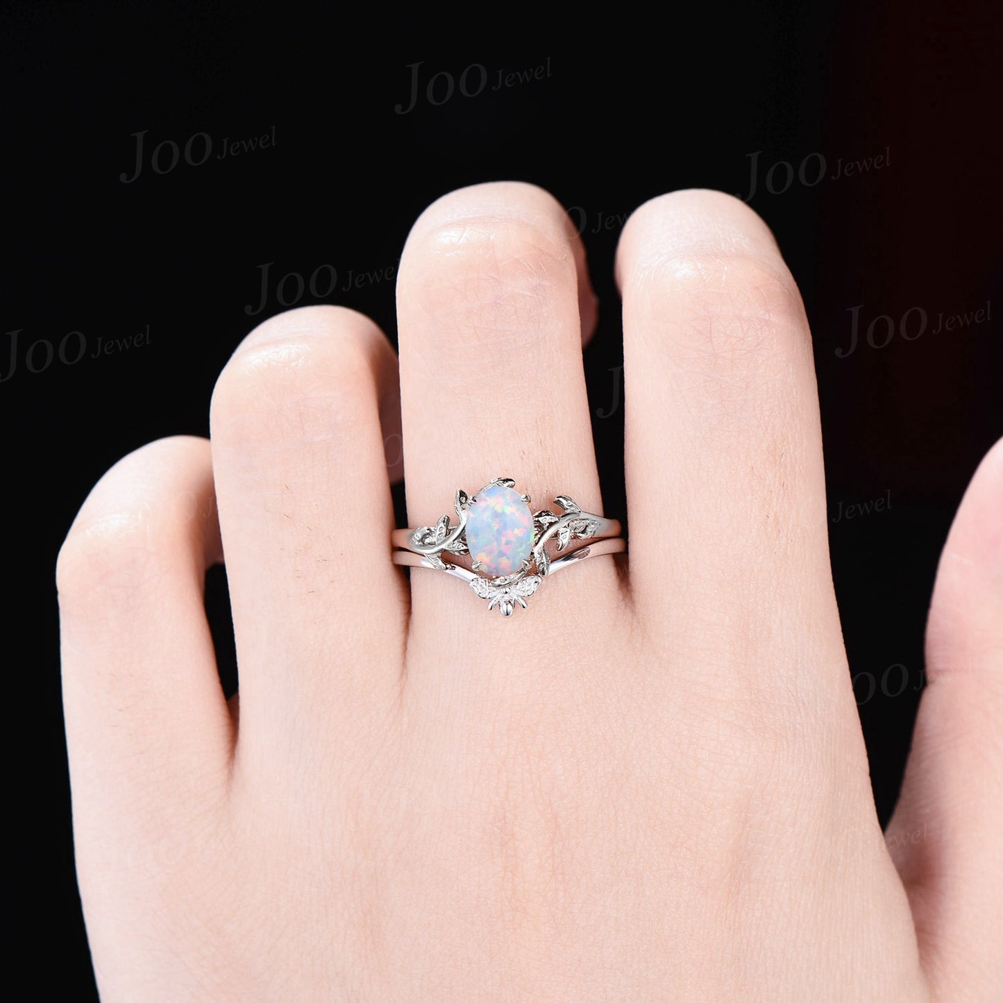 Nature Inspired White Fire Opal Solitaire Ring Set Sterling Silver Unique Vintage 1.5ct Oval Branch Twig Leaf Opal Honey Bee Wedding Ring