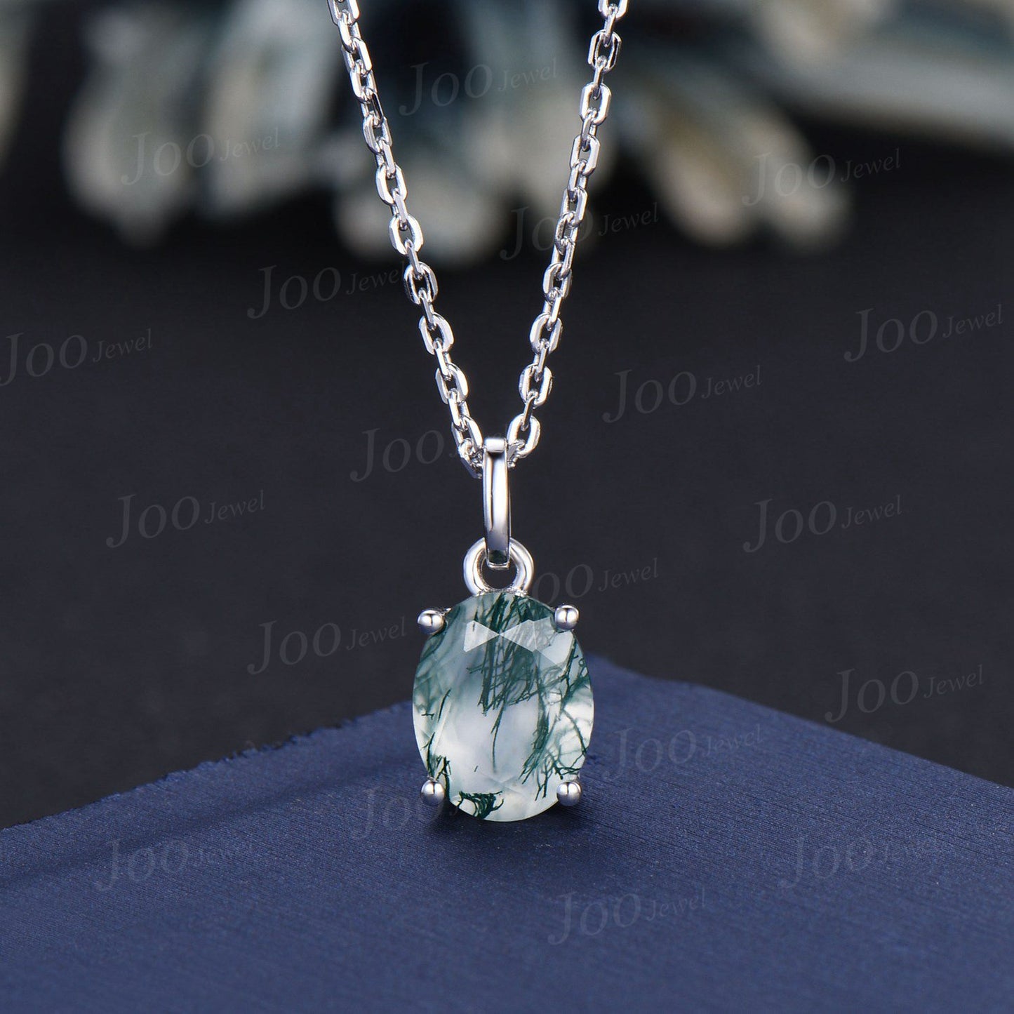 Oval Natural Moss Agate Necklace Solid 14k/18k Rose Gold Vintage Unique Personalized Wedding Pendant For Women Her Anniversary Bridal Gifts
