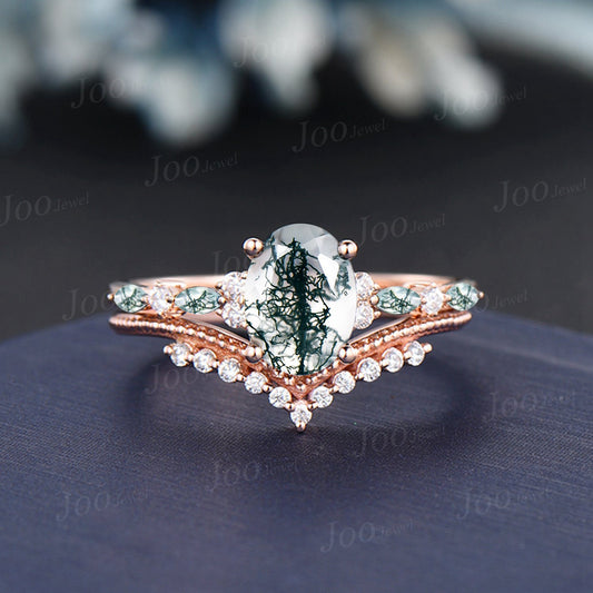 Oval Cut Green Moss Agate Diamond Engagement Ring Set Unique Natural Green Gemstone Cluster Ring Sterling Silver Moss Agate Bridal Ring Set