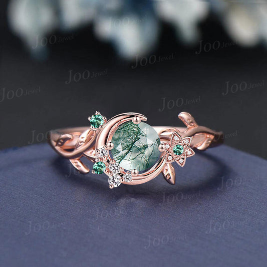 Crescent Moon Wedding Ring Round Cut Natural Moss Agate Ring Vintage Leaf Branch Star Flower Emerald Dainty Cluster Promise Ring for Women