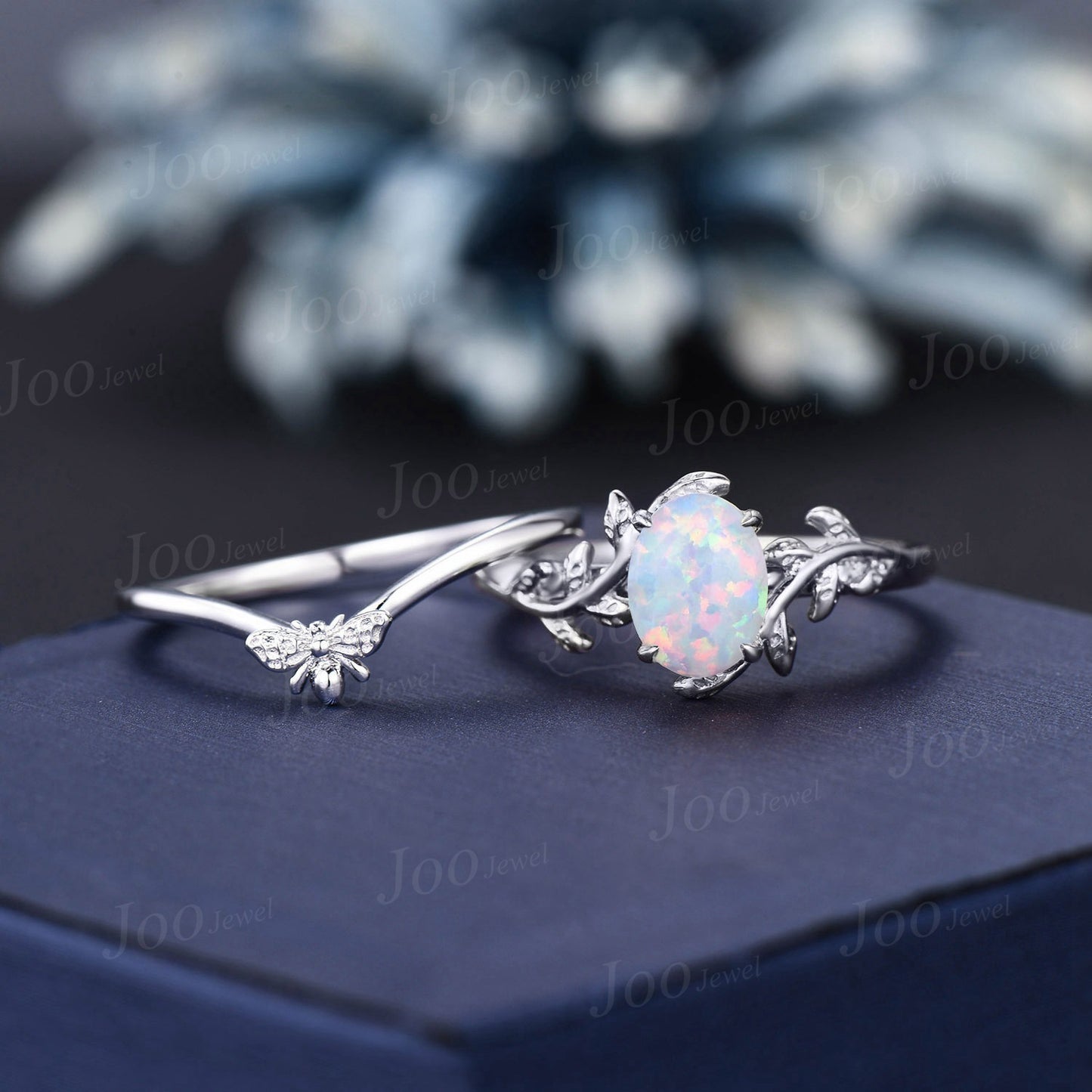 Nature Inspired White Fire Opal Solitaire Ring Set Sterling Silver Unique Vintage 1.5ct Oval Branch Twig Leaf Opal Honey Bee Wedding Ring