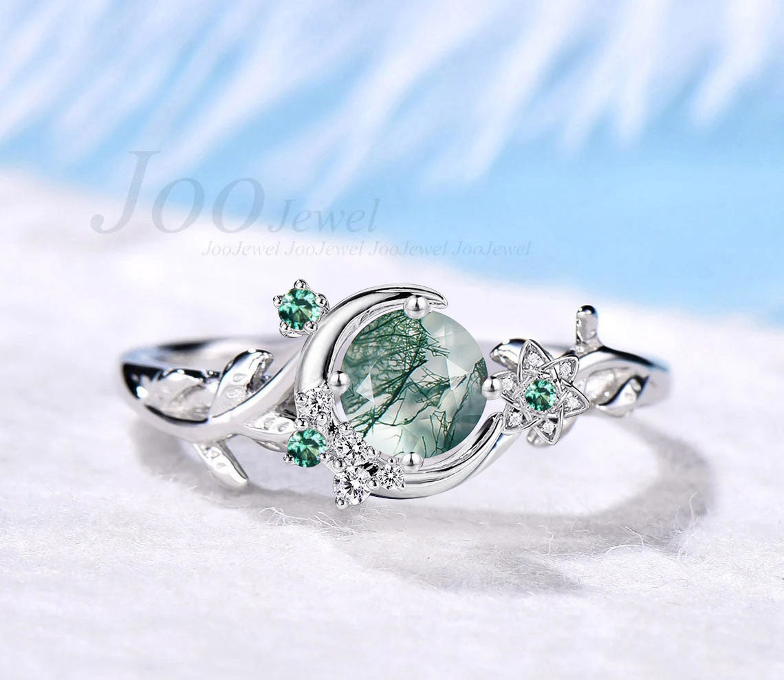 Crescent Moon Wedding Ring Round Cut Natural Moss Agate Ring Vintage Leaf Branch Star Flower Emerald Dainty Cluster Promise Ring for Women
