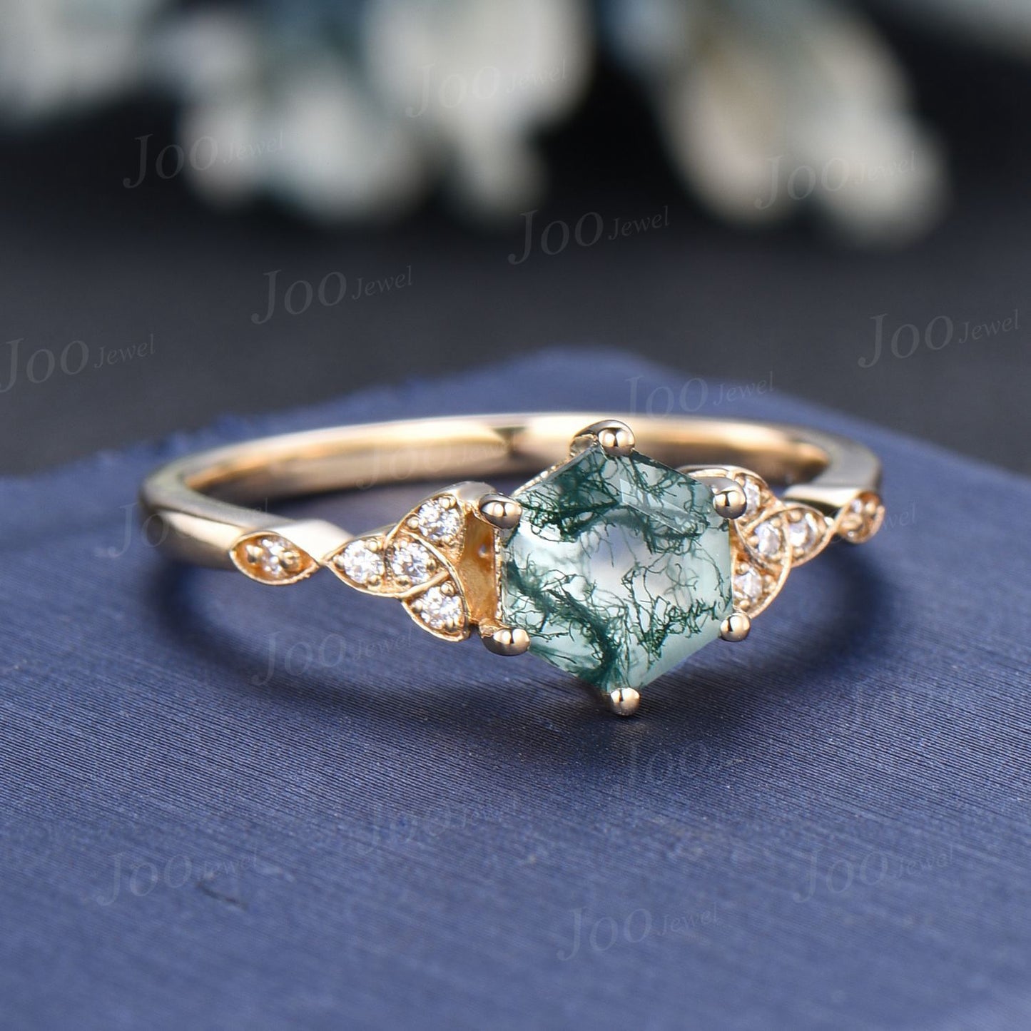 1ct Hexagon Cut Natural Moss Agate Celtic Engagement Ring Green Gemstone Jewelry Art Deco Trinity Knot Wedding Ring Moissanite Irish Jewelry
