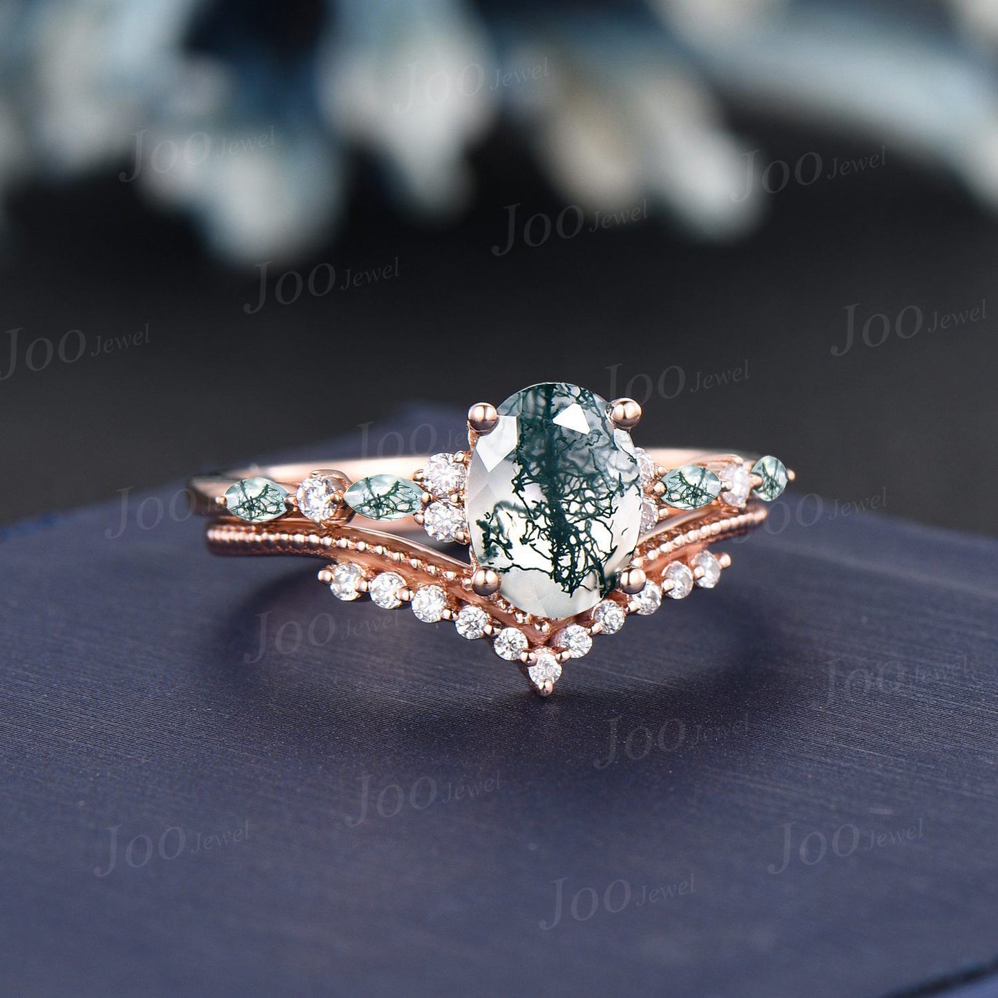 Oval Cut Green Moss Agate Diamond Engagement Ring Set Unique Natural Green Gemstone Cluster Ring Sterling Silver Moss Agate Bridal Ring Set
