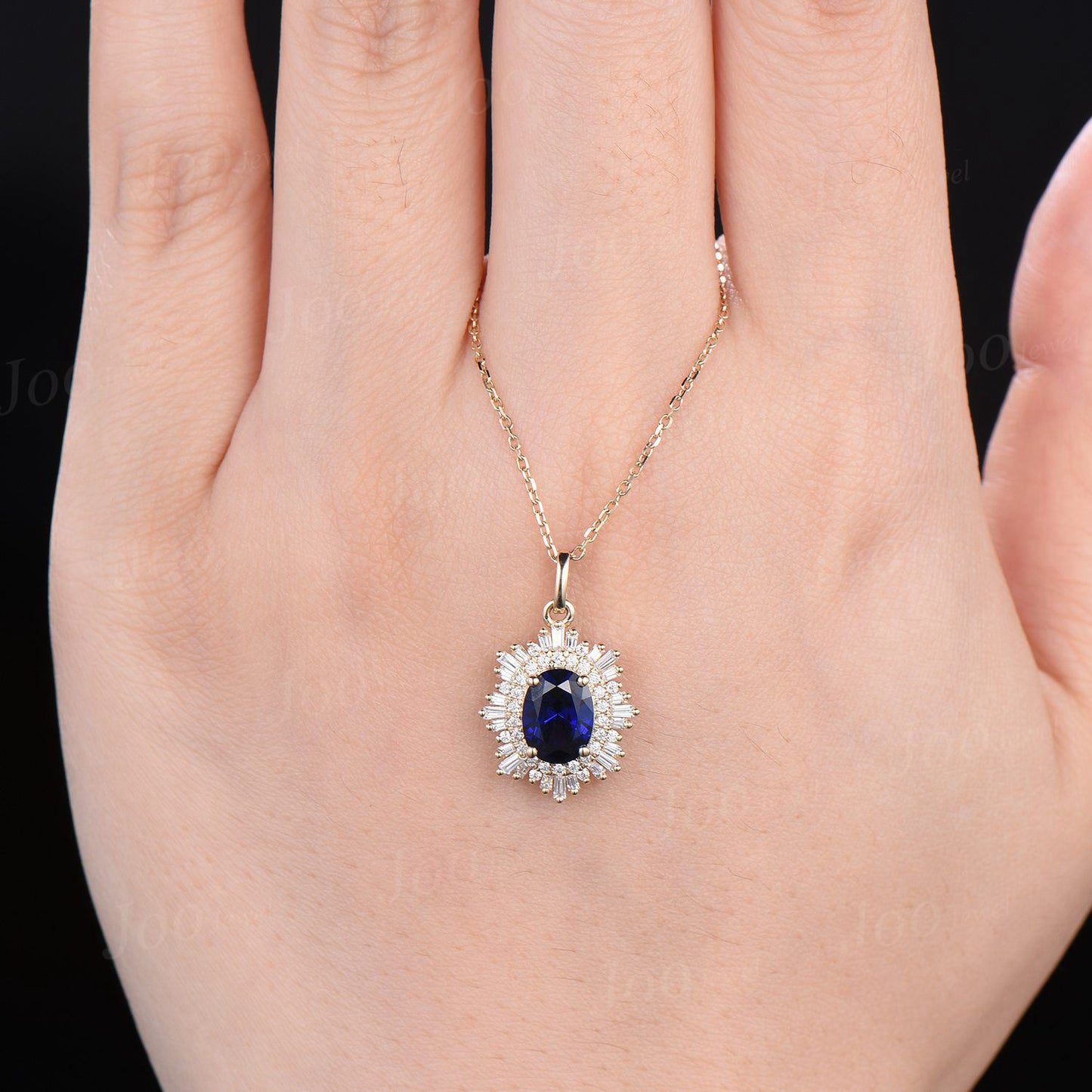 Noble Royal Oval Blue Sapphire Diamond Necklace 14K Rose Gold Double Halo Moissanite Wedding Bridal Pendant Unique September Birthstone Gift