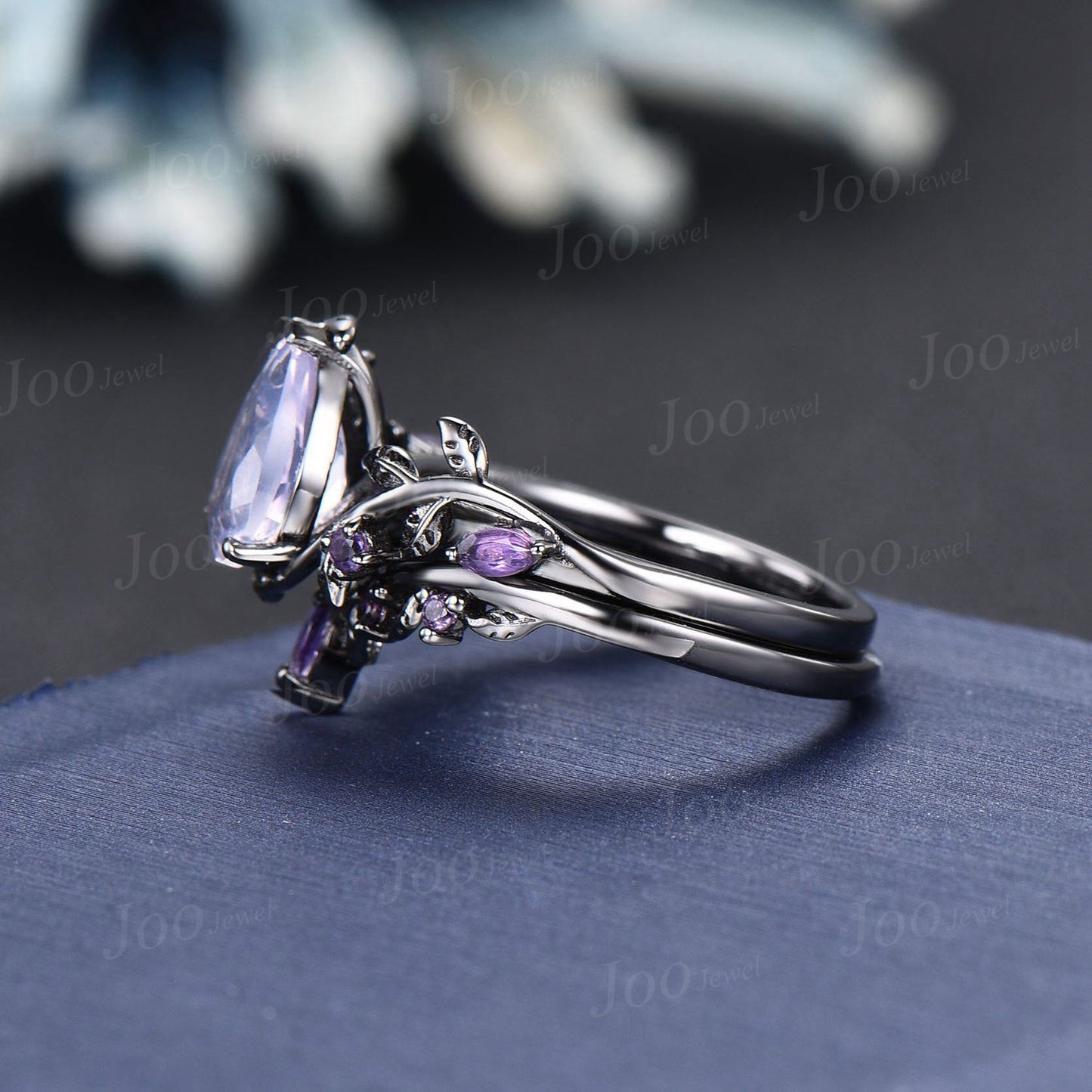 Natural Lavender Amethyst Engagement Ring Set Vintage Black Gold Wedding Ring 14K Solid Gold Pear Cut Light Purple Crystal Bridal Ring Women