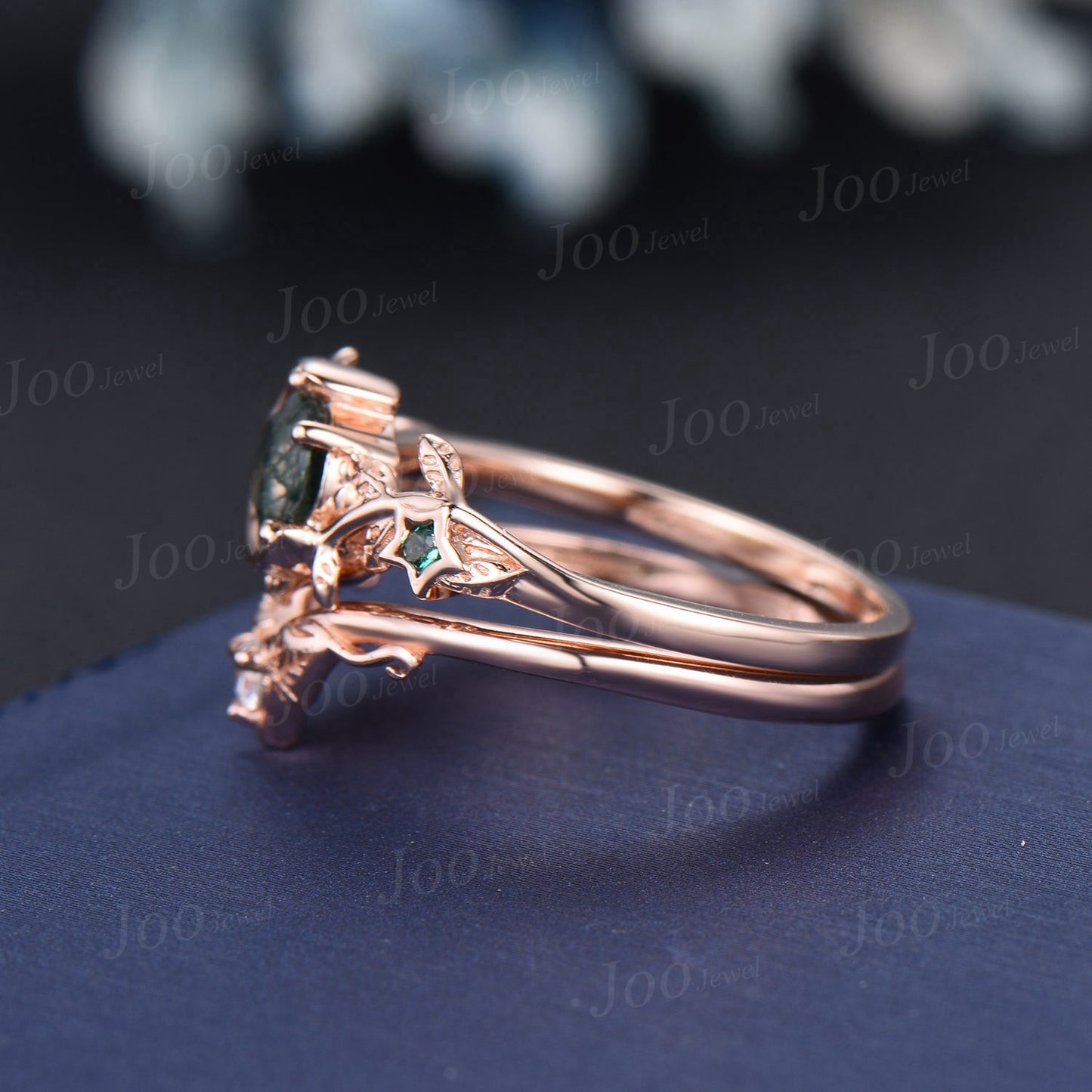 Crescent Moon Natural Green Moss Agate Emerald Engagement Ring Vintage 5mm Round Moss Agate Nature Inspired Bridal Set Bypass Wedding Rings