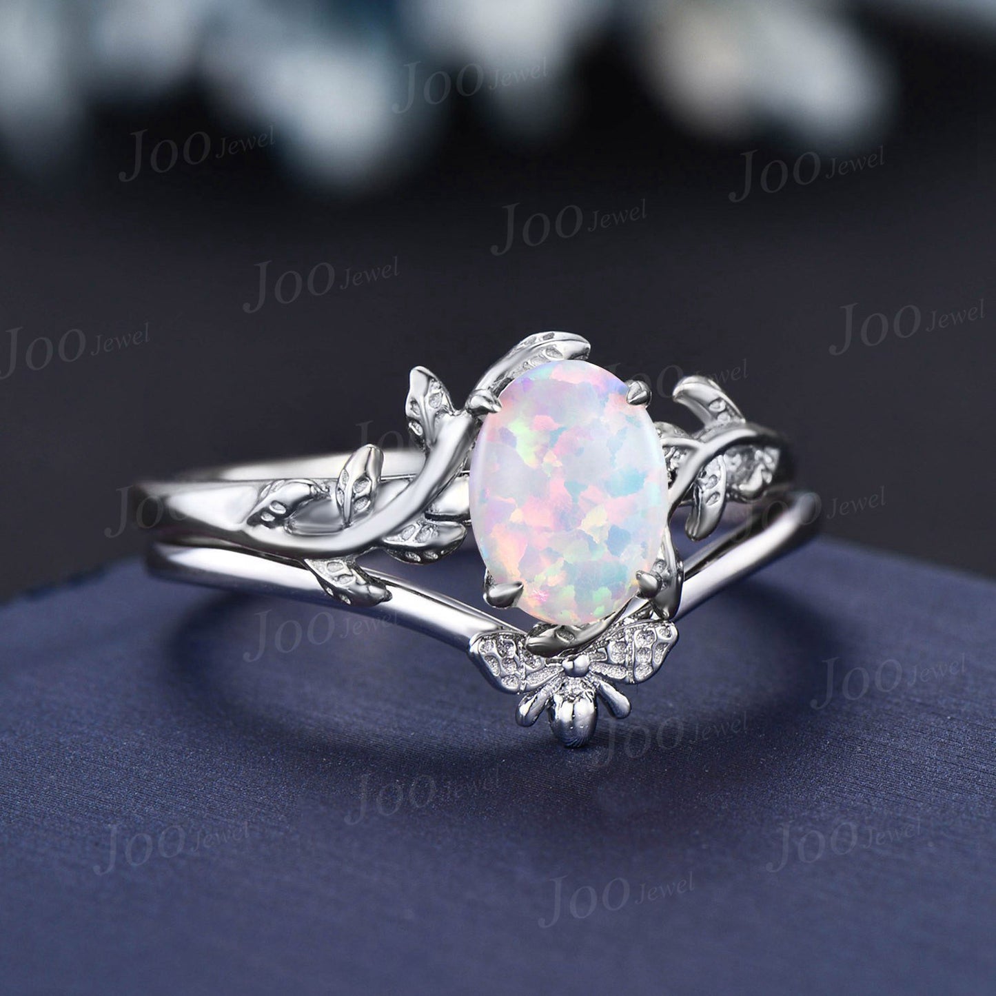 Nature Inspired White Fire Opal Solitaire Ring Set Sterling Silver Unique Vintage 1.5ct Oval Branch Twig Leaf Opal Honey Bee Wedding Ring
