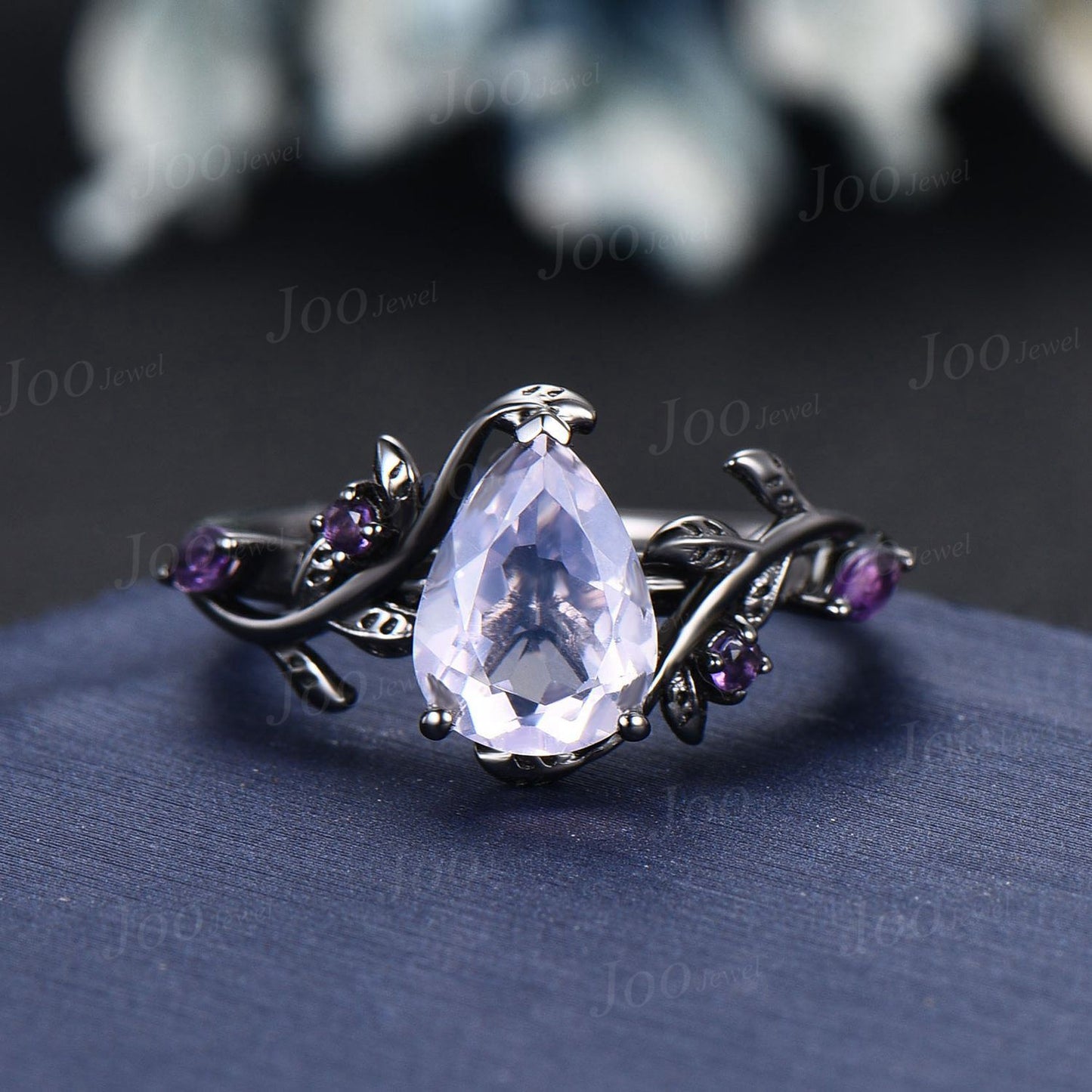 Natural Lavender Amethyst Engagement Ring Set Vintage Black Gold Wedding Ring 14K Solid Gold Pear Cut Light Purple Crystal Bridal Ring Women