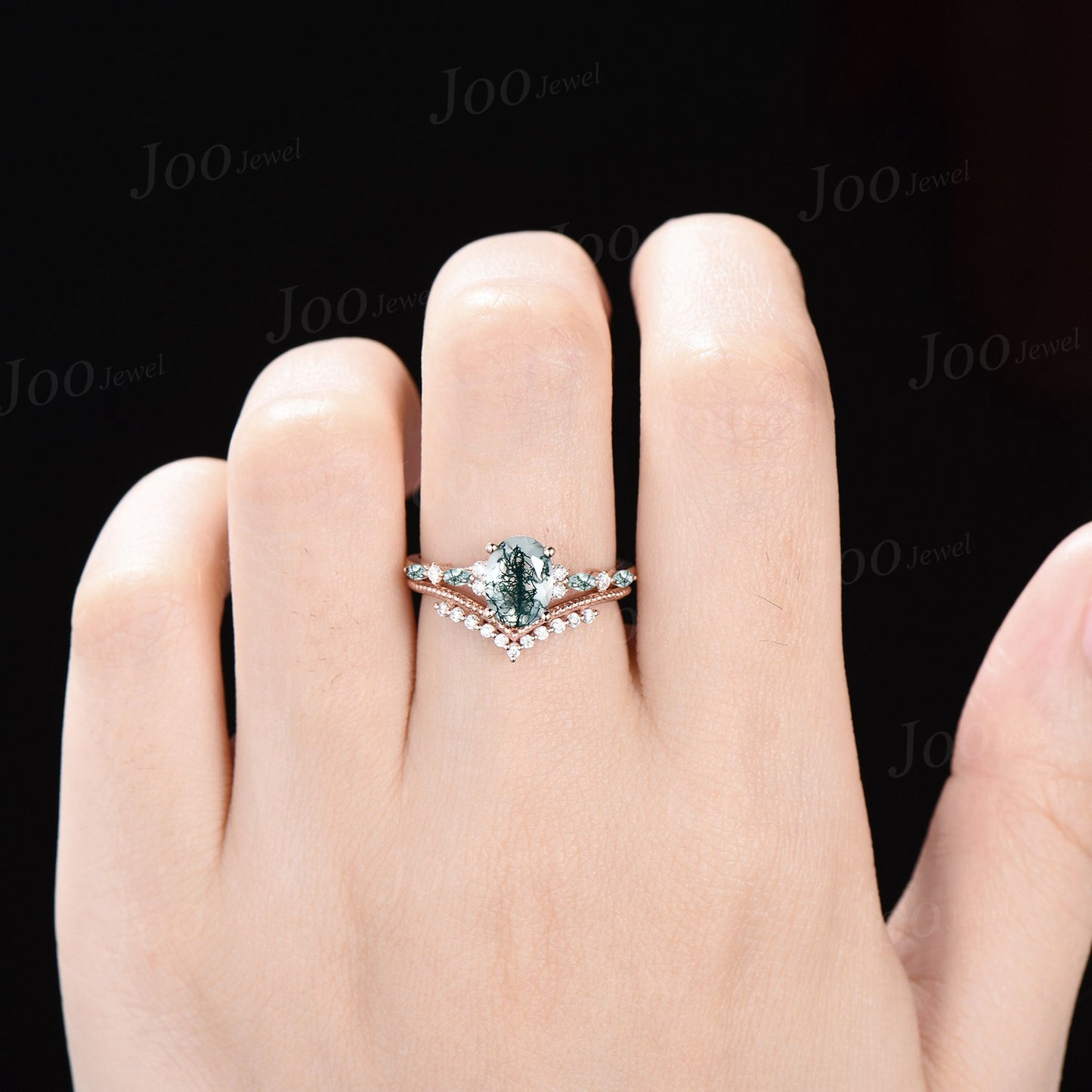 Oval Cut Green Moss Agate Diamond Engagement Ring Set Unique Natural Green Gemstone Cluster Ring Sterling Silver Moss Agate Bridal Ring Set