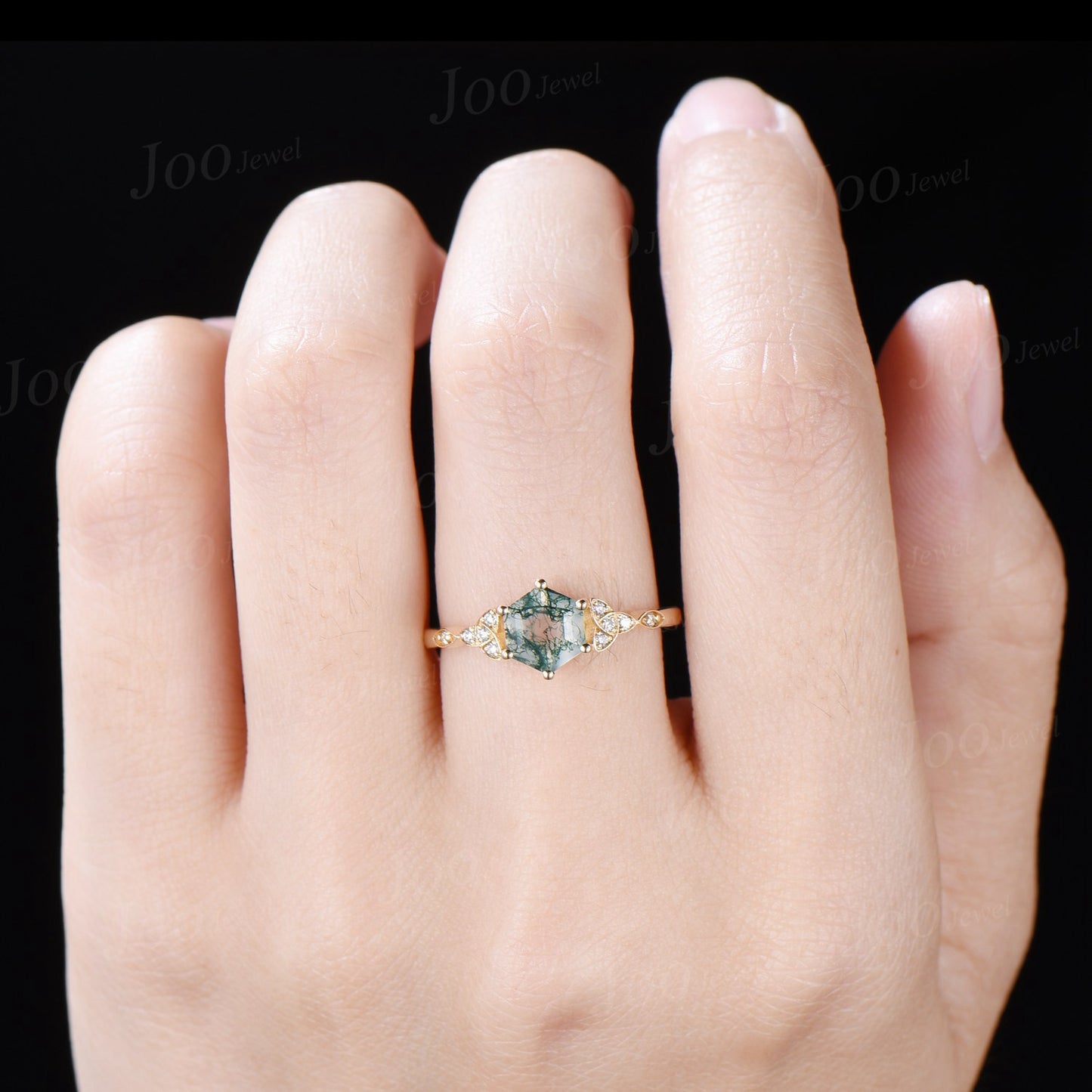 1ct Hexagon Cut Natural Moss Agate Celtic Engagement Ring Green Gemstone Jewelry Art Deco Trinity Knot Wedding Ring Moissanite Irish Jewelry