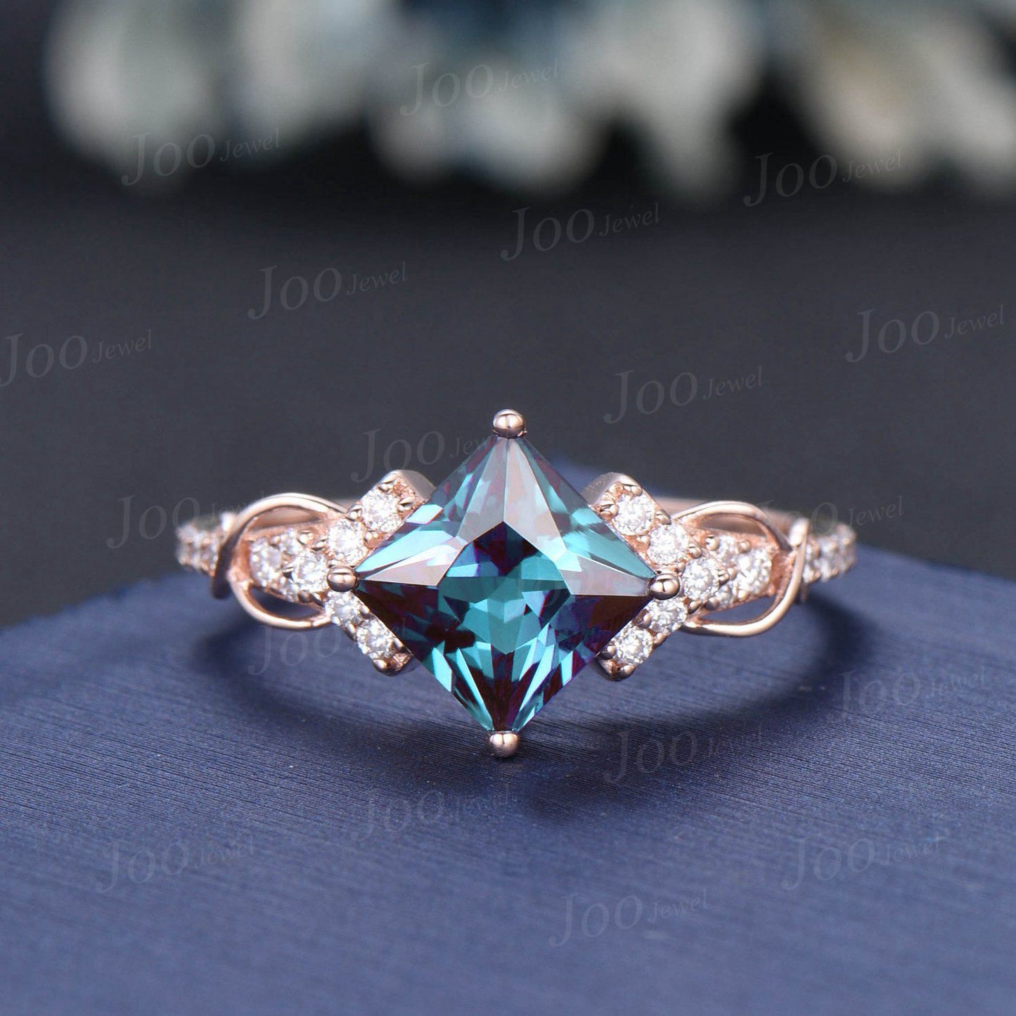 Princess Cut Color-Change Alexandrite Wedding Ring Set Rose Gold Half Eternity Moissanite Ring Unique Infinity Love Promise/Anniversary Ring