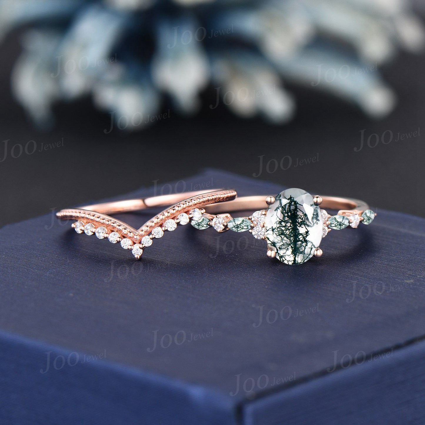 Oval Cut Green Moss Agate Diamond Engagement Ring Set Unique Natural Green Gemstone Cluster Ring Sterling Silver Moss Agate Bridal Ring Set