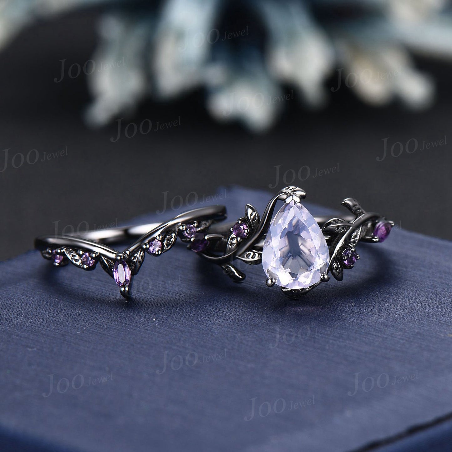 Natural Lavender Amethyst Engagement Ring Set Vintage Black Gold Wedding Ring 14K Solid Gold Pear Cut Light Purple Crystal Bridal Ring Women