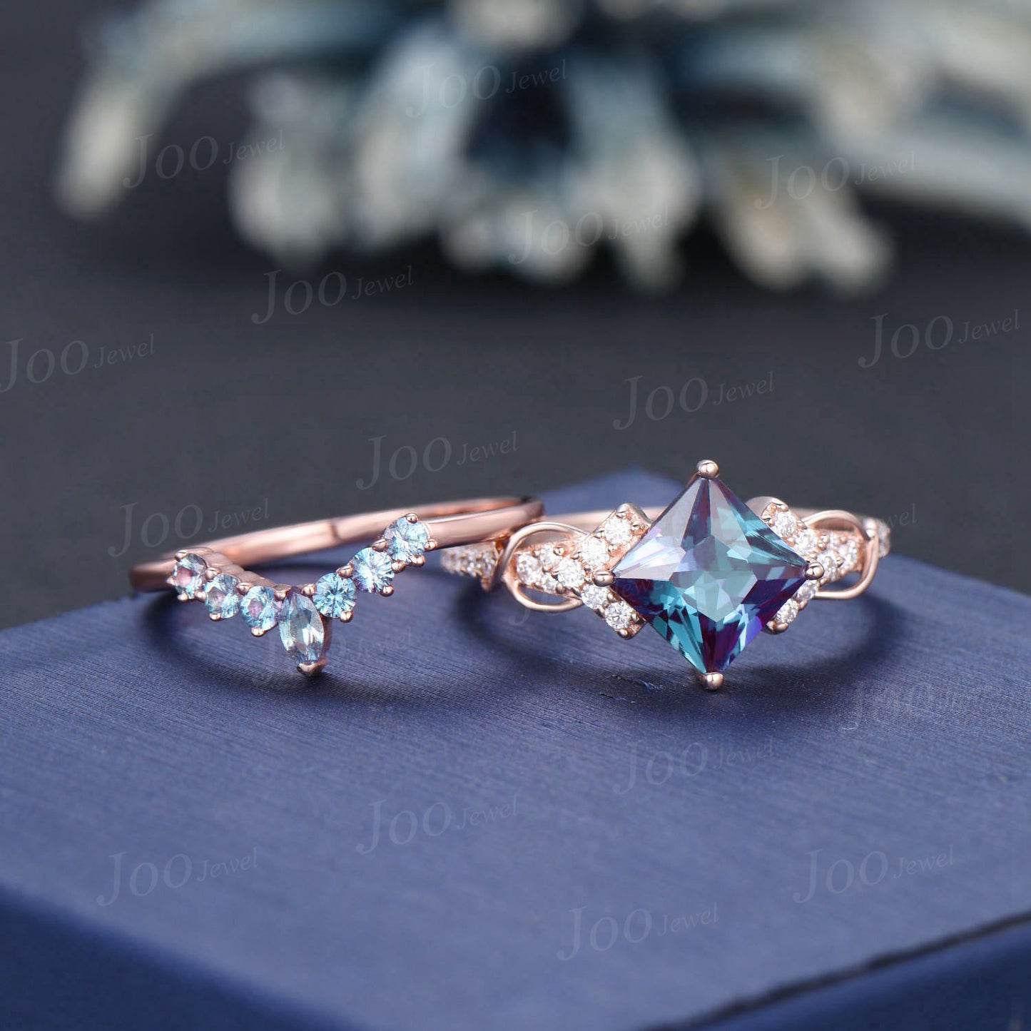 7mm Princess Cut Color-Change Alexandrite Moissanite Bridal Set 14K Rose Gold Half Eternity Wedding Ring Unique Twist Promise Ring for Women